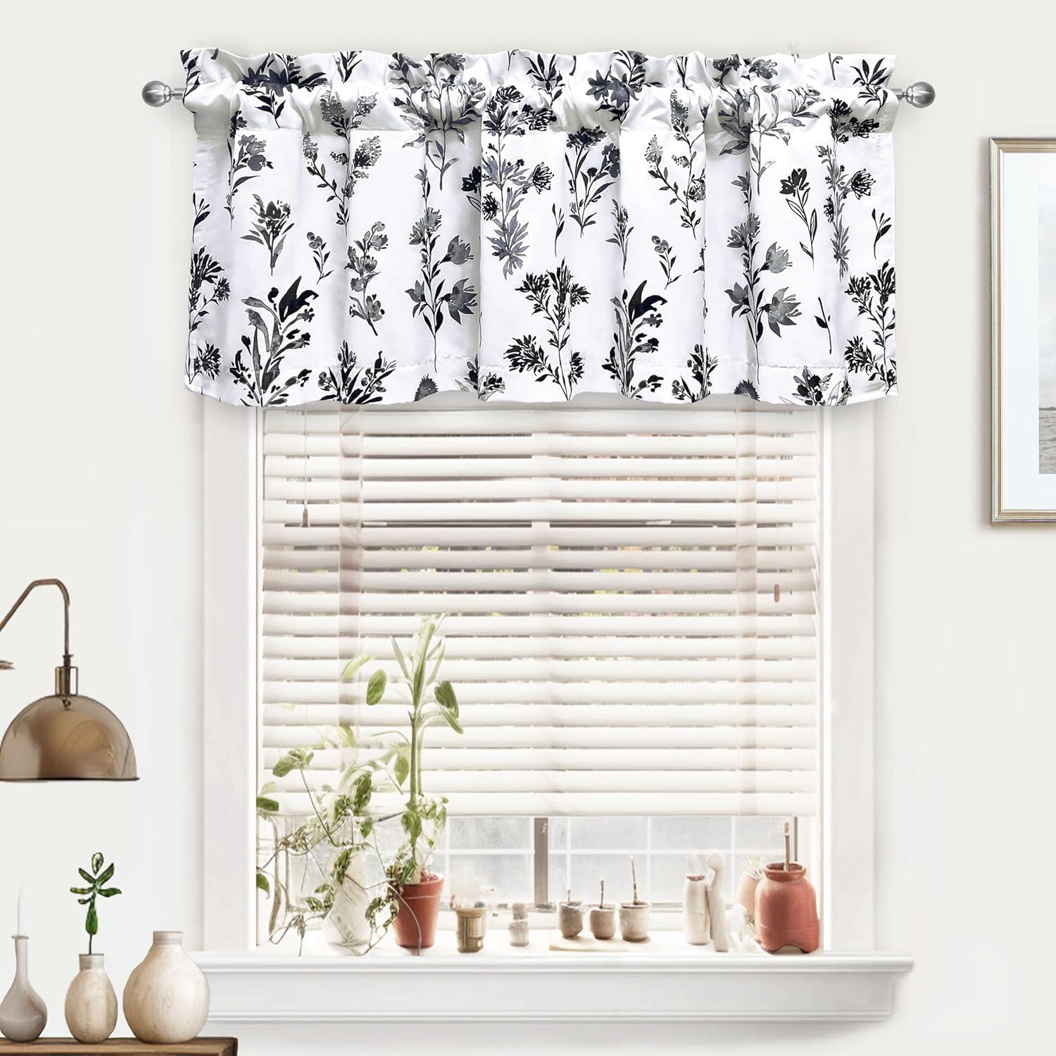 DriftAway Sylvia Floral Botanical Herbs Watercolor Printed Pattern Lined Blackout Thermal Insulated Window Curtain Valance Rod Pocket Single 52" x 18" Plus 2" Header Black White