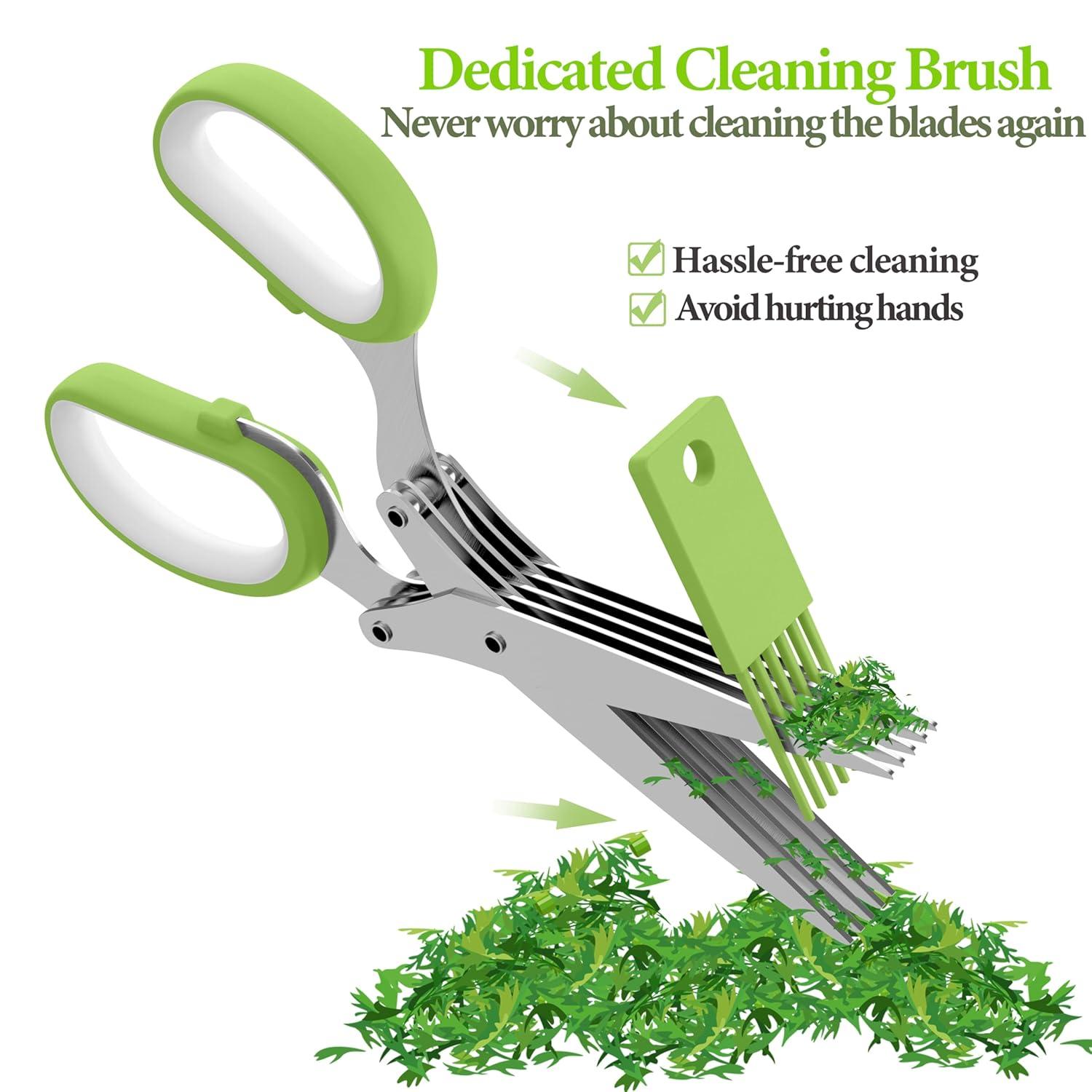 Herb Scissors, Kitchen Herb Shears Cutter with 5 Blades and Cover, Sharp Dishwasher Safe Kitchen Gadget - Green C49