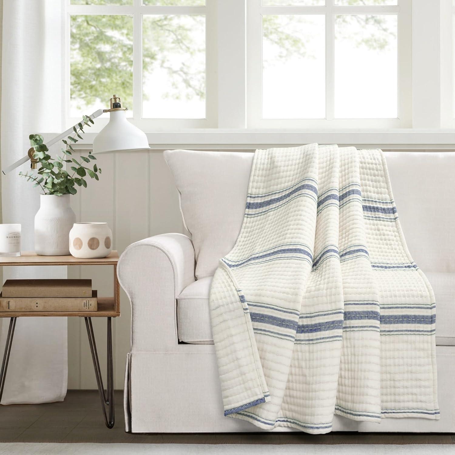 Lush Decor Farmhouse Stripe Kantha Pick Stich Yarn Dyed Cotton Woven Throw Reversible Ticking Pinstripe Design Blanket, 50" x 60", Navy