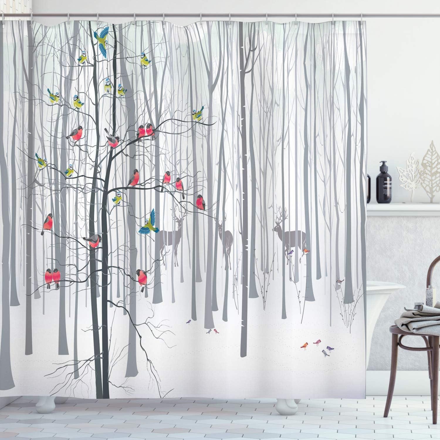 Winter Forest Scene Fabric Shower Curtain with Hooks