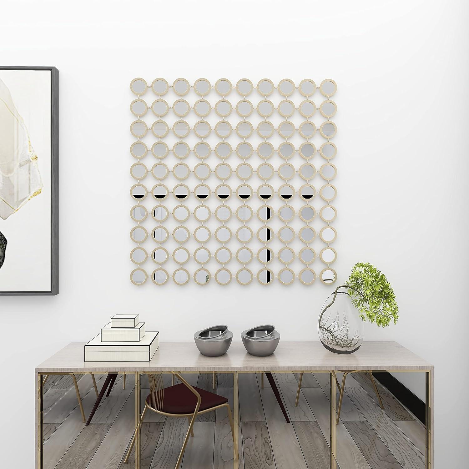 DecMode 40" x 40" Gold Geometric Wall Mirror with Grid Pattern