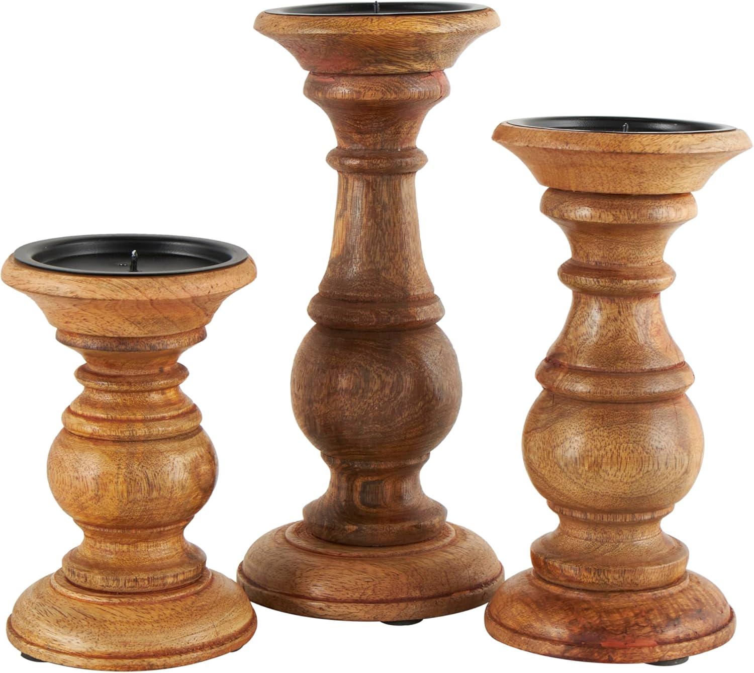 DecMode Traditional and Timeless Mango Wood Pillar Candle Holder Set of 3, 4", 8", 10"H, Brown Finish