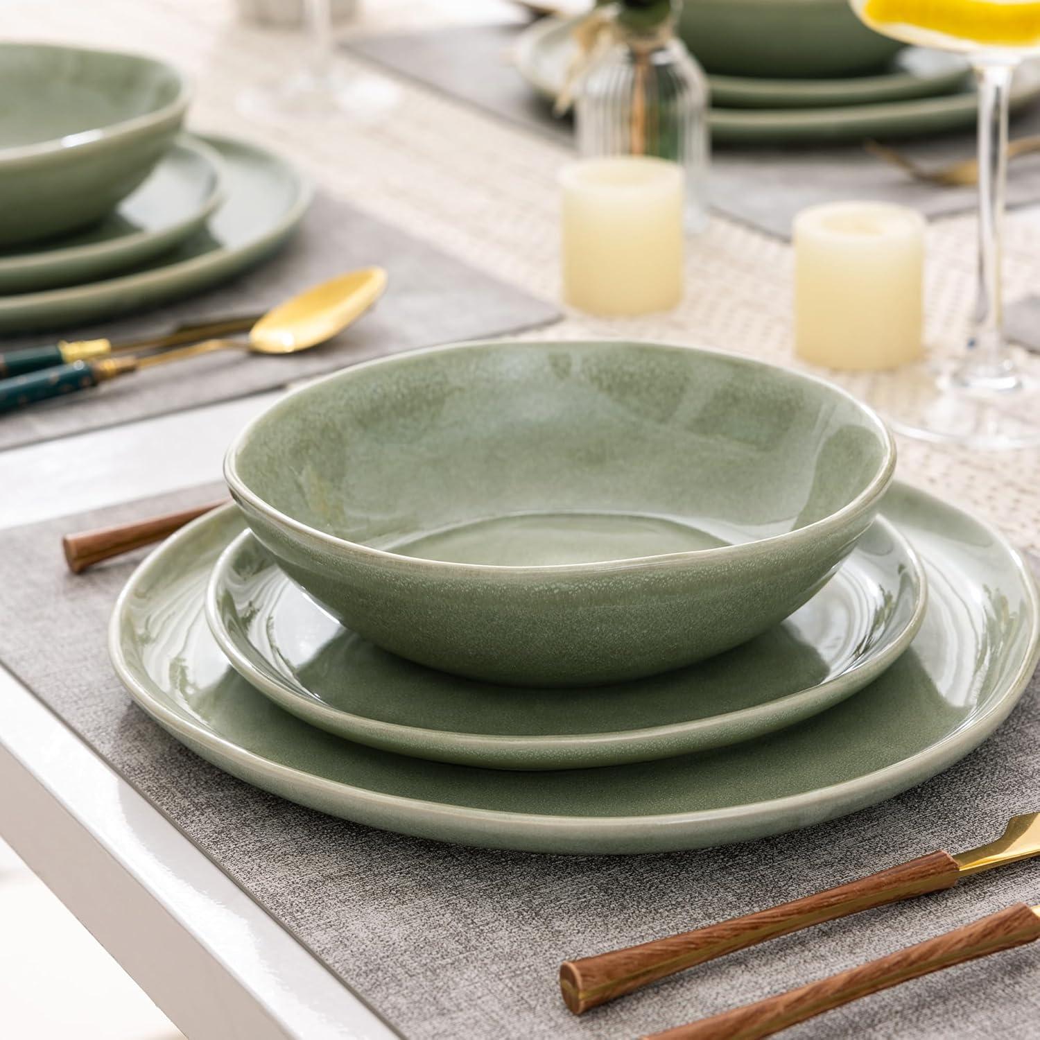 Olive Green and White Ceramic Dinnerware Set for 4