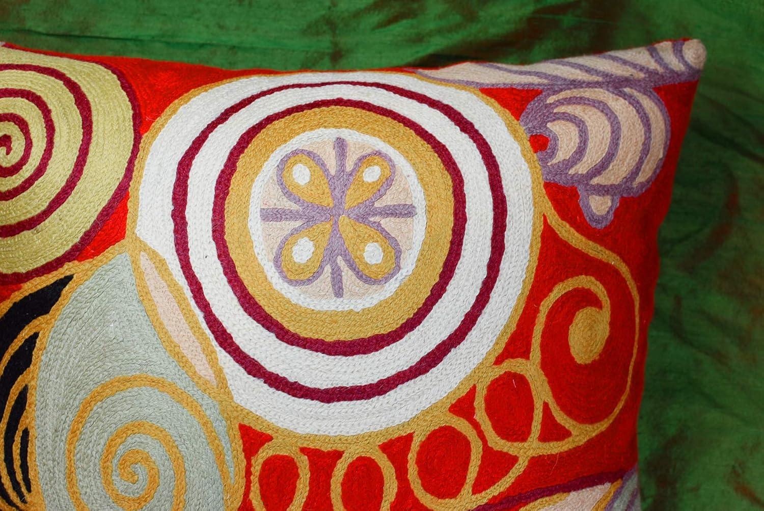 Bright Red Hand Embroidered Cotton Wool Euro Pillow Cover