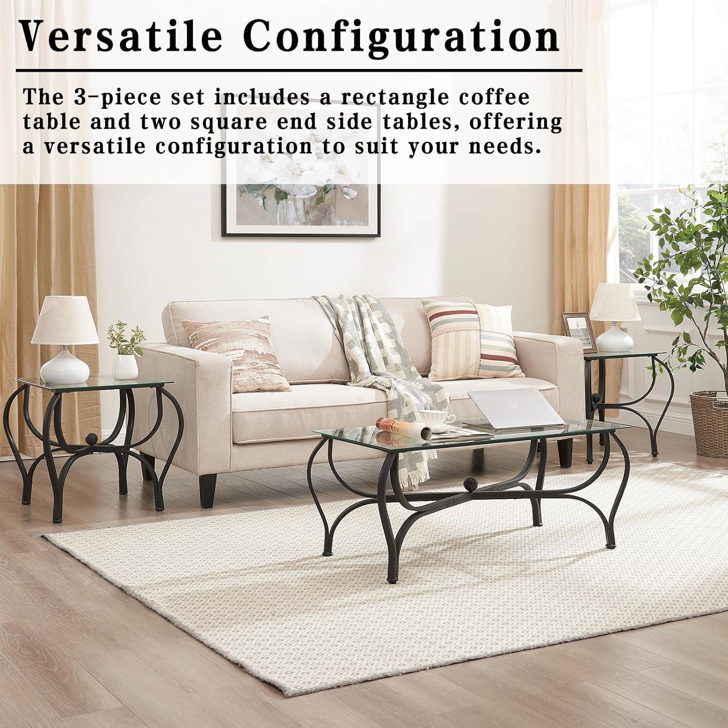 OYang Coffee Table Set Of 3, Living Room Tables Set with 2 Square End Side Table, Rectangle Long Desk, Retro Living Room Set for Apartment, Home, Office