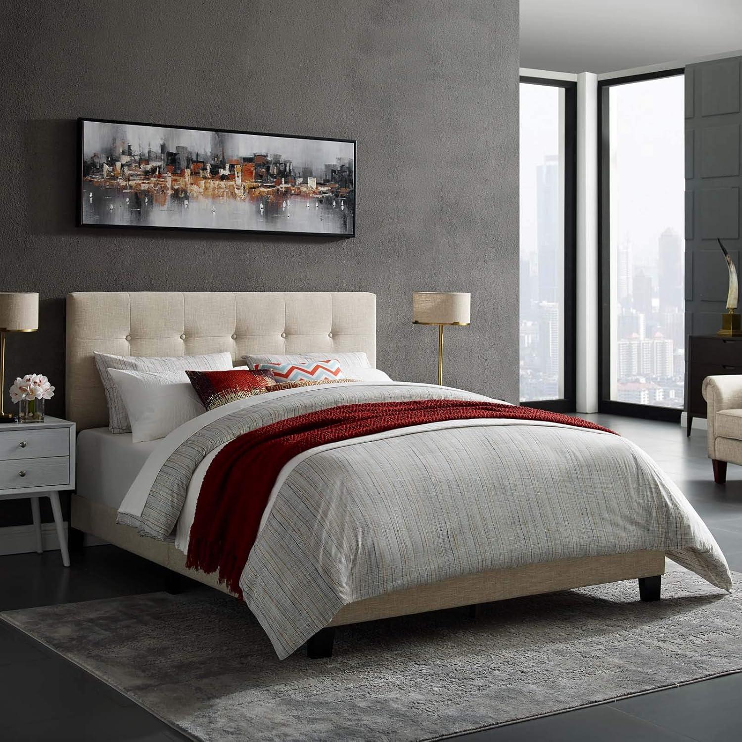 Amira Full-Size Beige Tufted Upholstered Platform Bed with Wood Frame