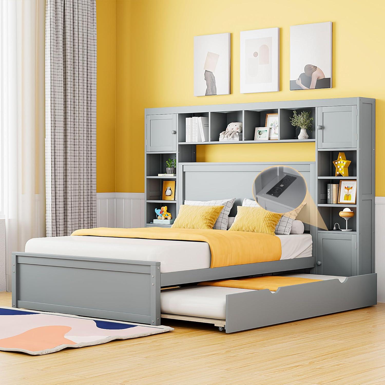 MODERNLUXE Queen Size Bed Frame with Trundle,Solid Wood Platform Bed with 10 Shelves,2 Storage Drawers,4 Cabinets,Charging Station and Bookcase Headboard,No Box Spring Needed/Noise Free,Gray