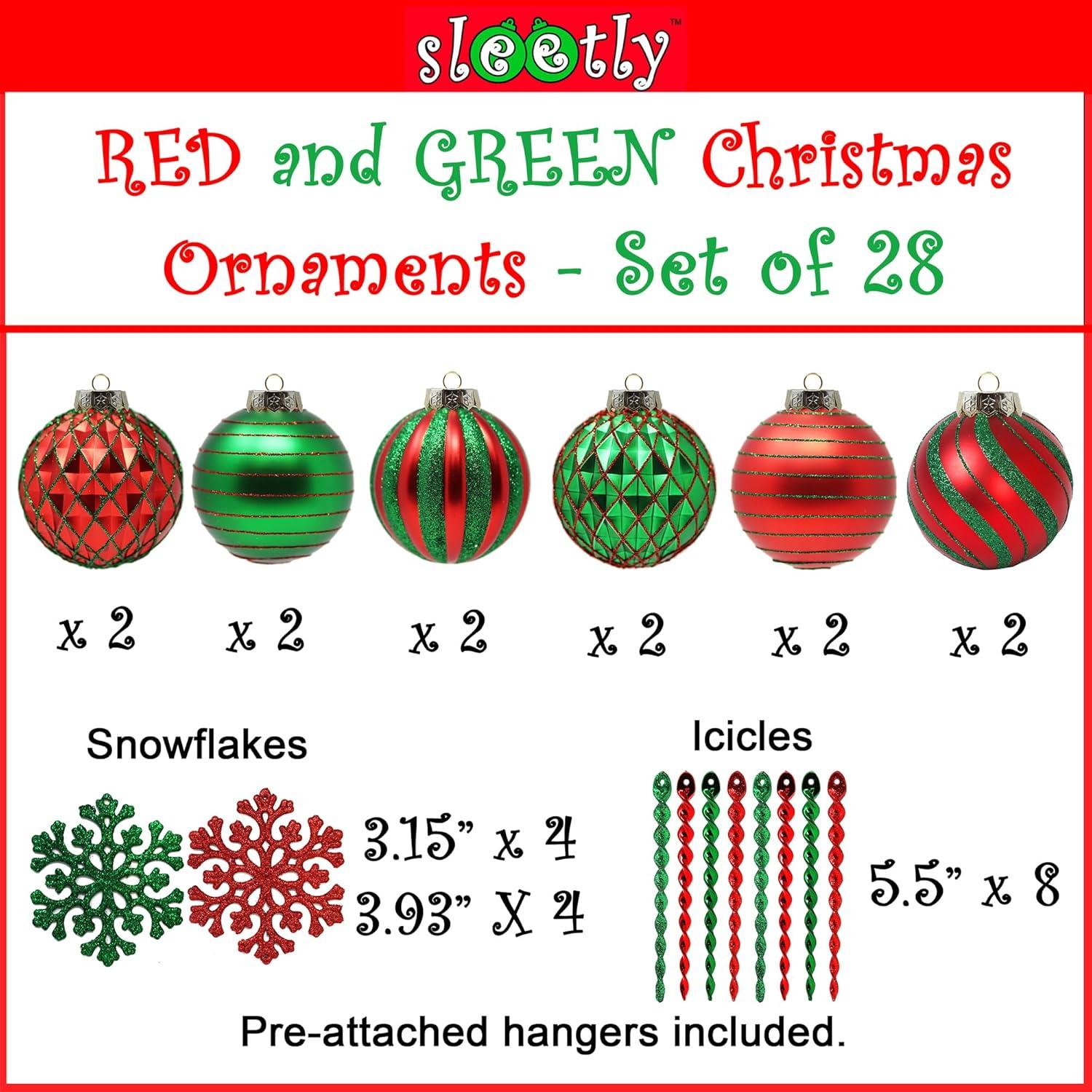 SLEETLY 28pk Red and Green Christmas Ball Ornaments for Tree Decorations - Holiday Xmas Shatterproof Plastic Balls, Icicles and Snowflakes Ornament Set