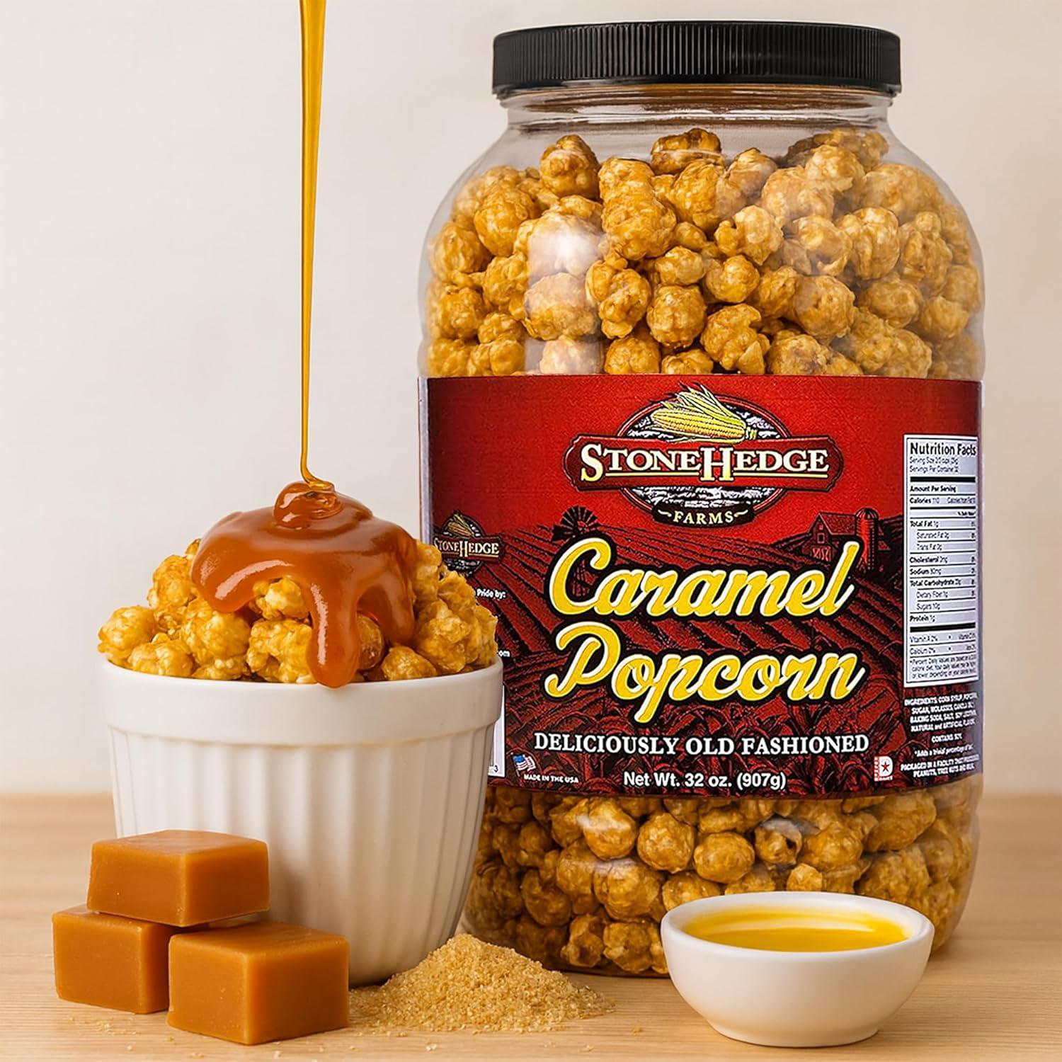 StoneHedge Farms Caramel Popcorn Deliciously Old Fashioned 32 oz. Tall Tub! 2 lbs. of Deliciousness! Made in the USA!