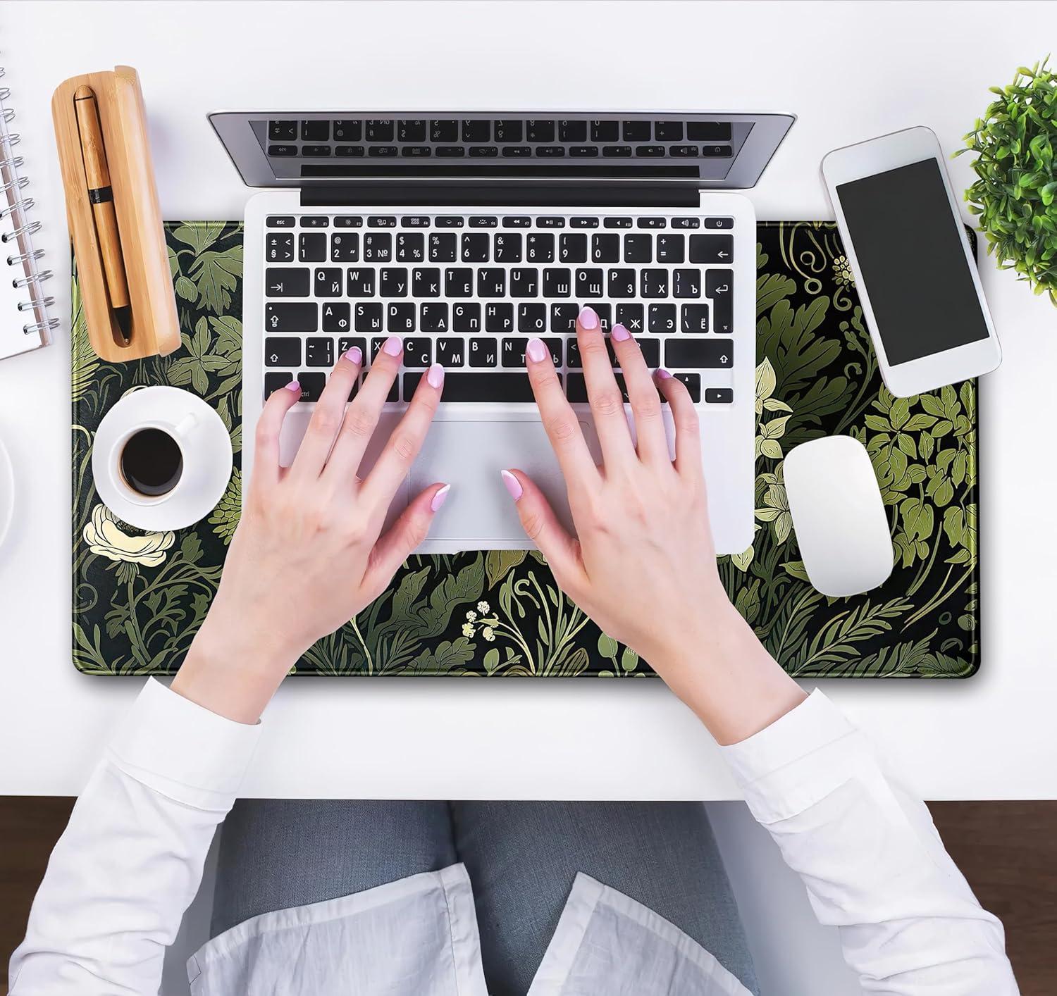 Green Leaves Beige Plants Pad, Large Extend Mouse Pad XXL, Freshness Foliage Keyboard Mat, Black Esthetics Desktop Mat Laptop Wireless Mouse Mat, Gift for Women 31.5"x15.75"