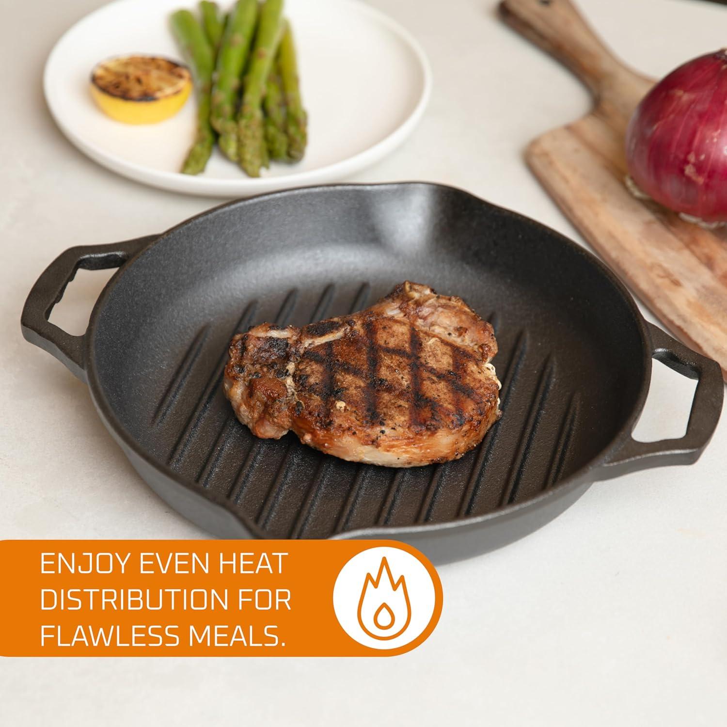 Bruntmor Enameled Cast Iron Skillet with Glass Lid | 10 Inch Deep Round Grill Pan and Frying Pan with Double Loop Handles | Black | Flat Cast Iron Skillet