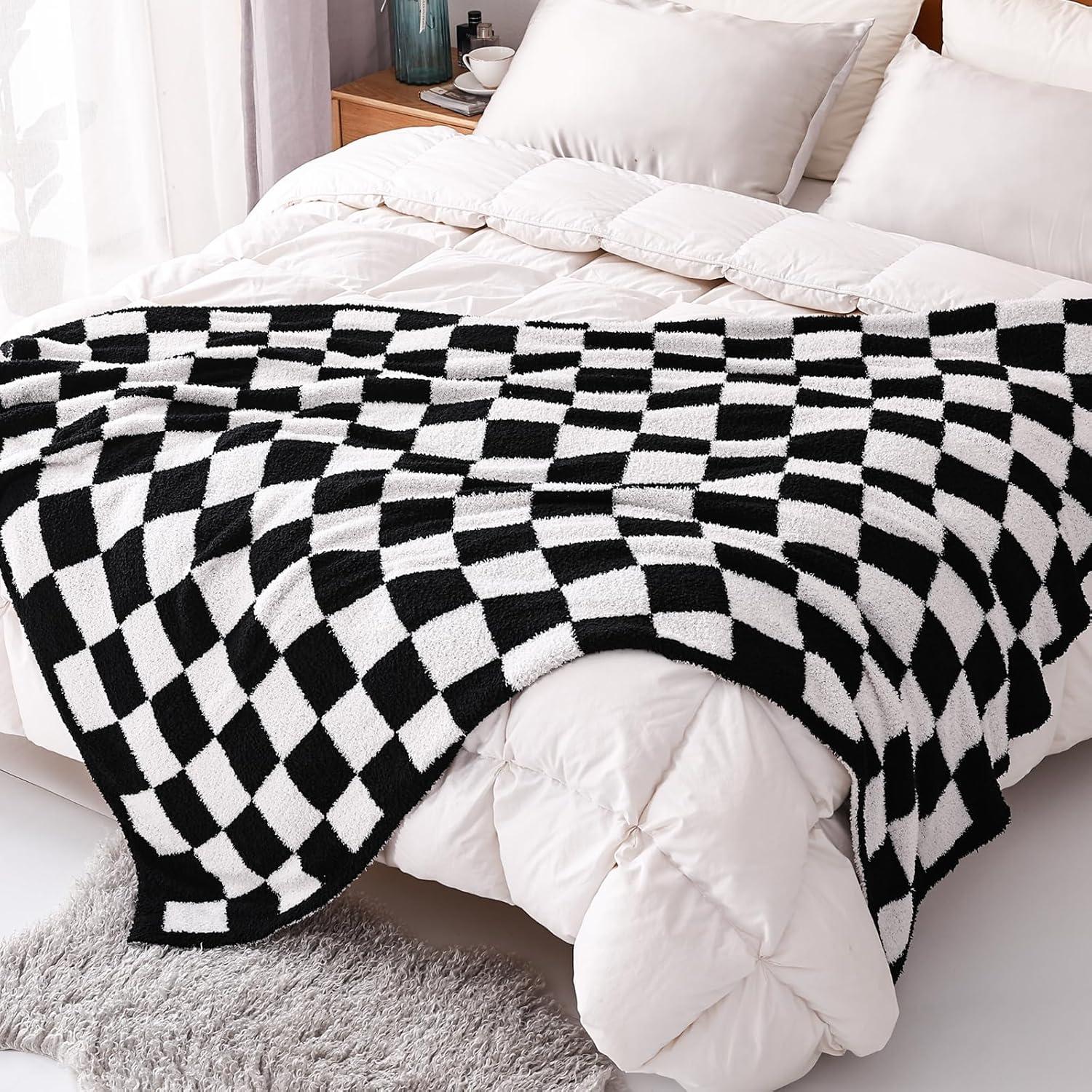 Checkered Blanket, Ultra Soft Black And White Checkered Throw Blanket, Warm Fluffy Checkerboard Blanket For Couch And Sofa