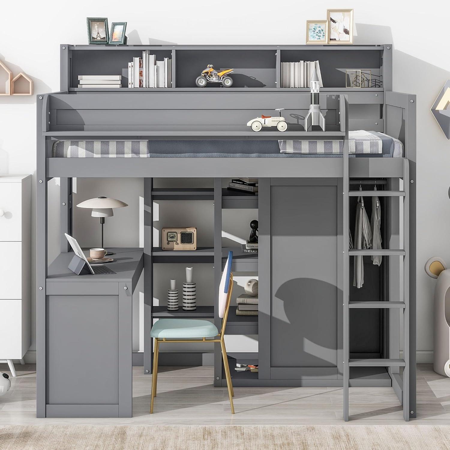 Bellemave Twin Size Loft Bed with Wardrobes and Desk, Wood Loft Beds Frame with Storage Shelves and Cabinet, High Loft Bed for Kids Teens Adults (Gray)