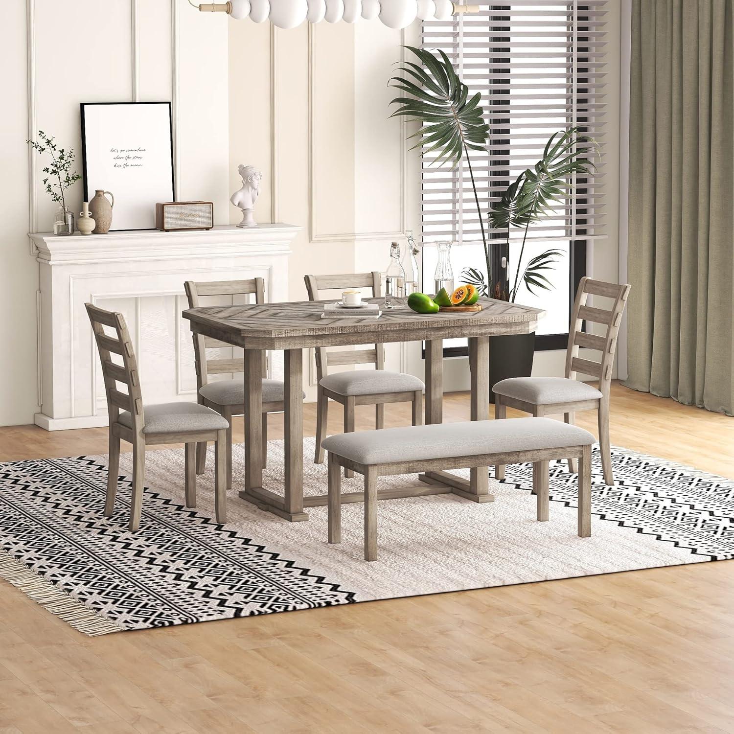 Bellemave Dining Table Set for 6, Rectangular Dining Table with Upholstered Chairs and Bench, 6-Piece Table Set for Dining Room and Kitchen, Retro Dining Room Table Set with Bench, 4 Chairs