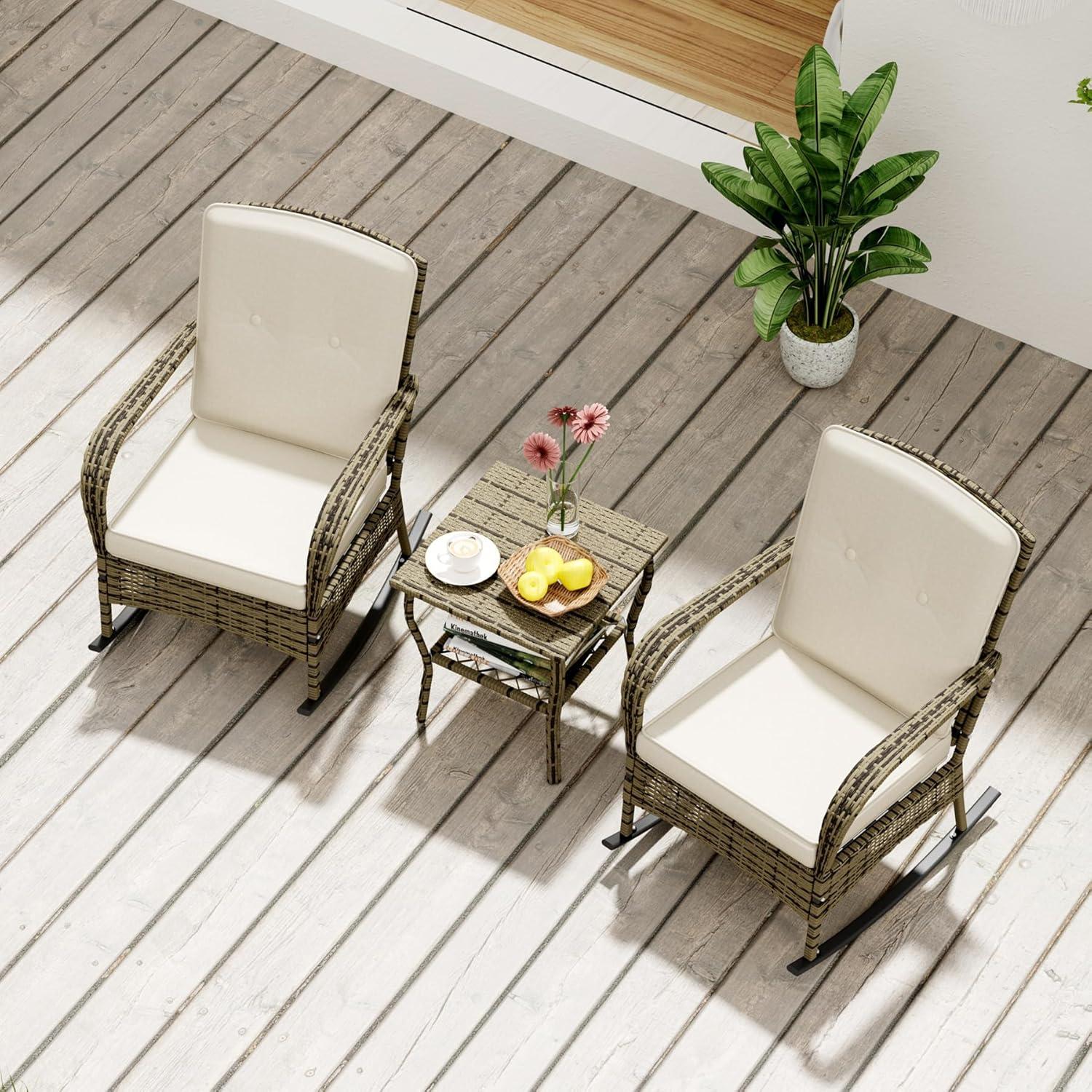 3 Pieces Patio Conversation Set, Outdoor Rocking Chair, Wicker Bistro Set, Outdoor Furniture with Porch Chairs and Coffee Table for Deck Garden Poolside, Beige