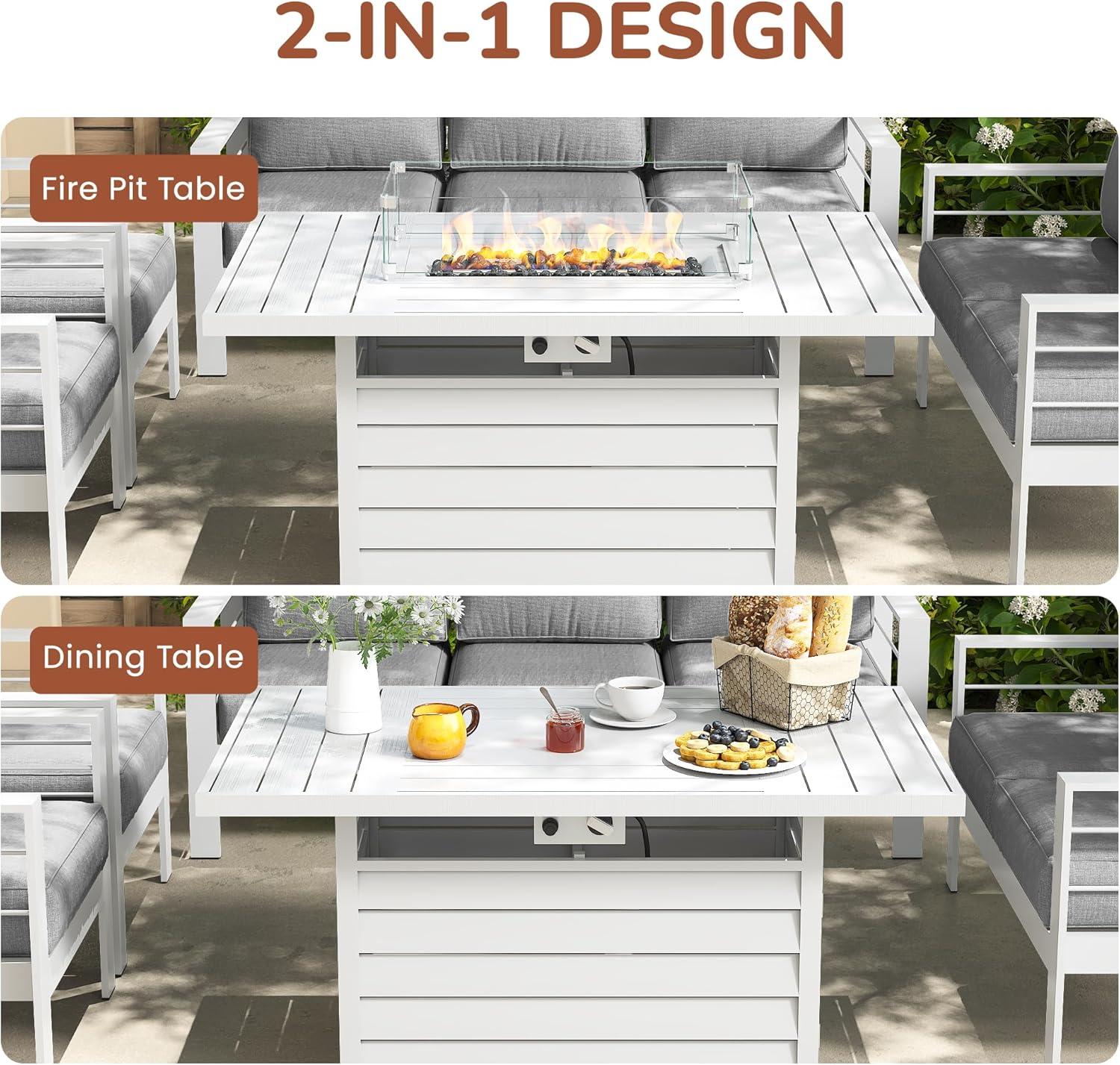 Heynemo Aluminum Patio Furniture Set with Fire Pit Table, 4 Piece Outdoor Furniture with Cushions for Balcony Backyard, White (Ship in 4 Boxes) Set of