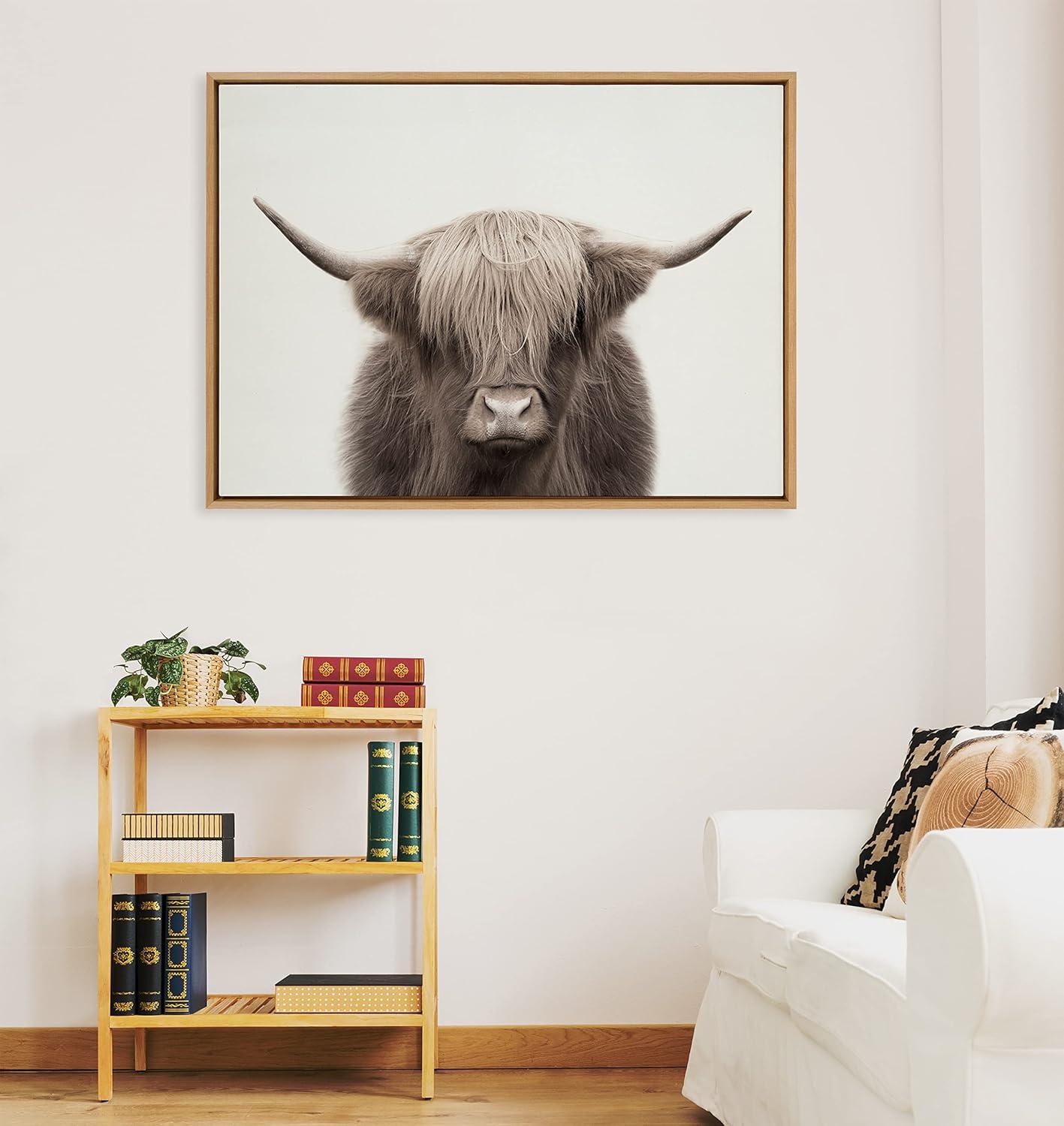 Kate and Laurel Sylvie Hey Dude Highland Cow Color Framed Canvas by The Creative Bunch Studio, 31.5 x 41.5, Natural