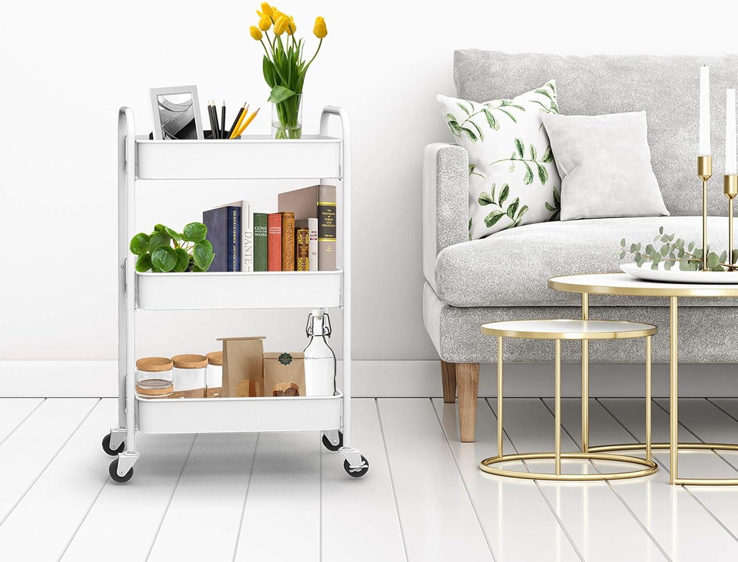 KeesonKimi 3-Tier Rolling Plastic Storage Organizer - Mobile Utility Cart Kitchen Cart with Caster Wheels, White