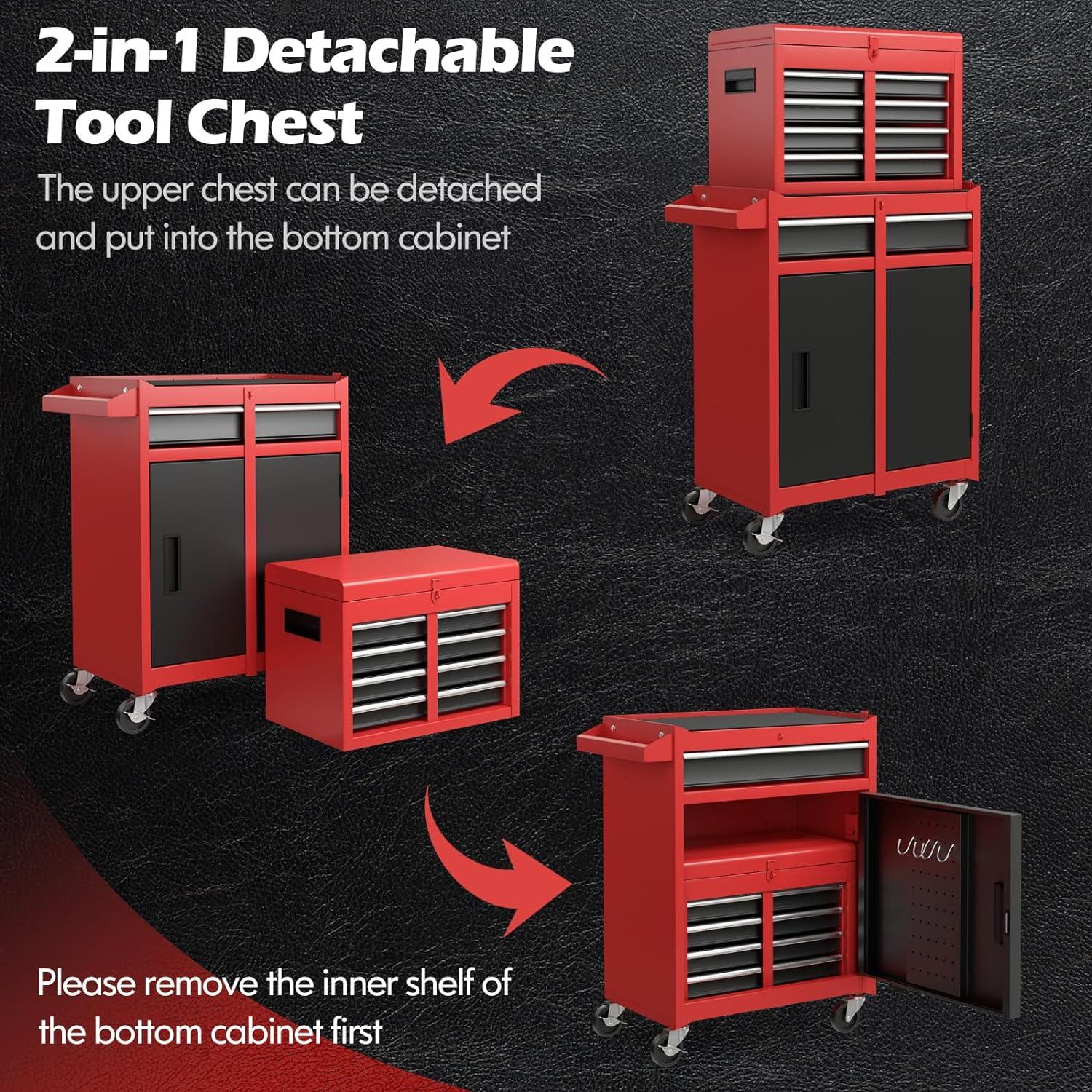 Tool Chest, 5-Drawer Rolling Tool Storage Cabinet with Detachable Top Tool Box, Liner, Universal Lockable Wheels