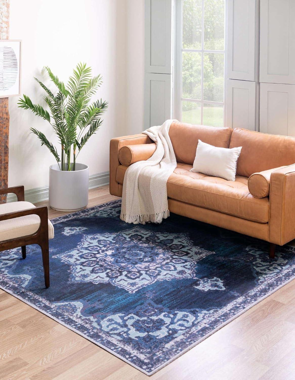 Navy Blue Medallion Synthetic Washable Square Rug