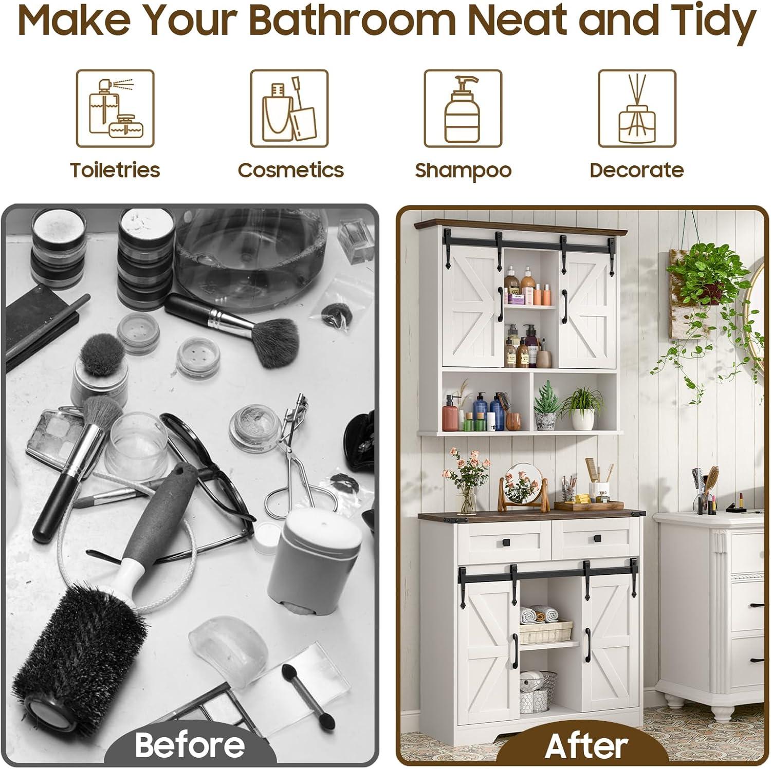 Farmhouse Storage Cabinet, Bathroom Cabinet with Sliding Barn Doors, Floor Storage Cabinet with Adjustable Shelves and 4 Drawers for Kitchen, Living Room, Dining Room, Modern White