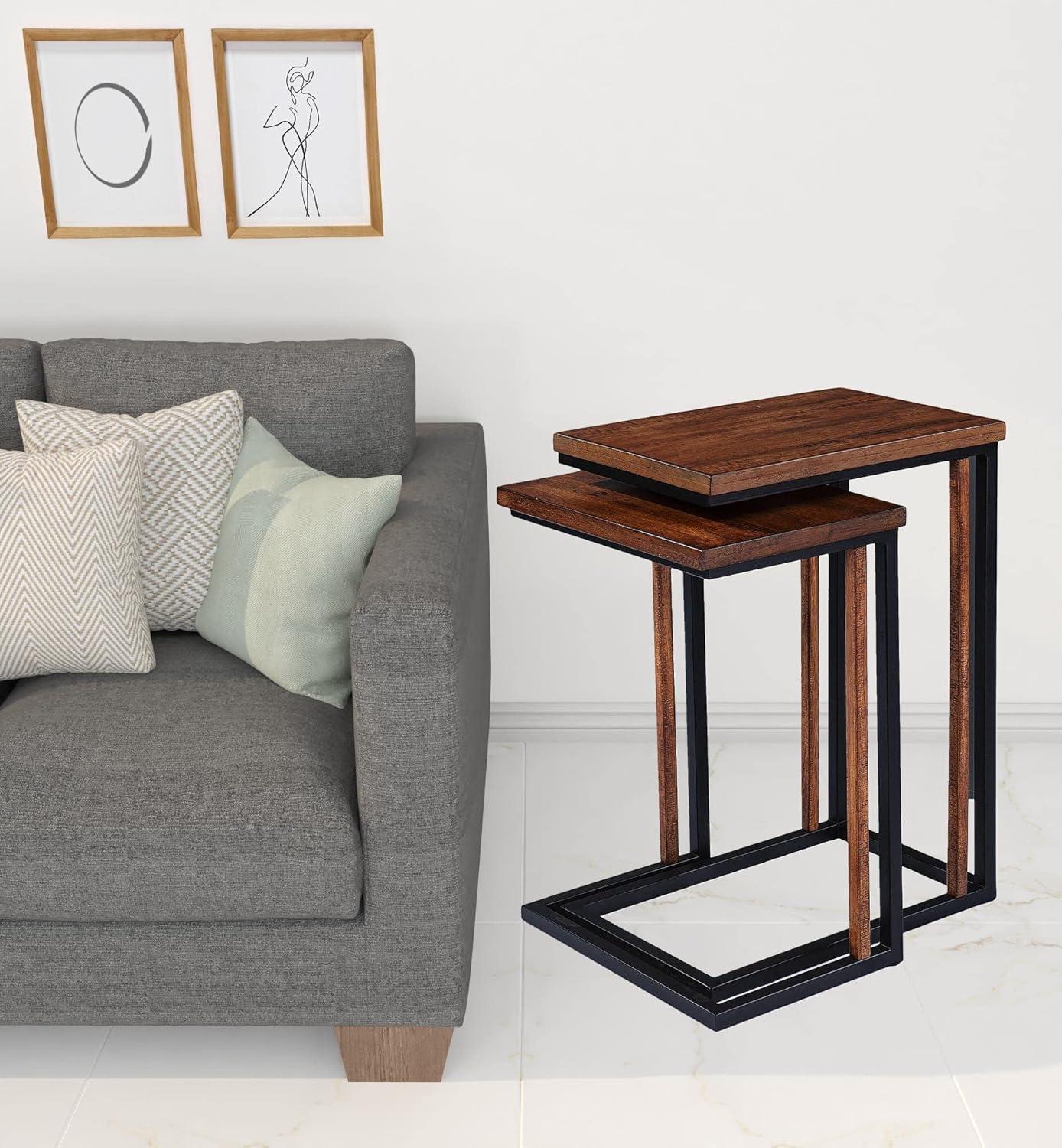 Set of Two 25" Brown Wood and Black Metal Nested End Tables