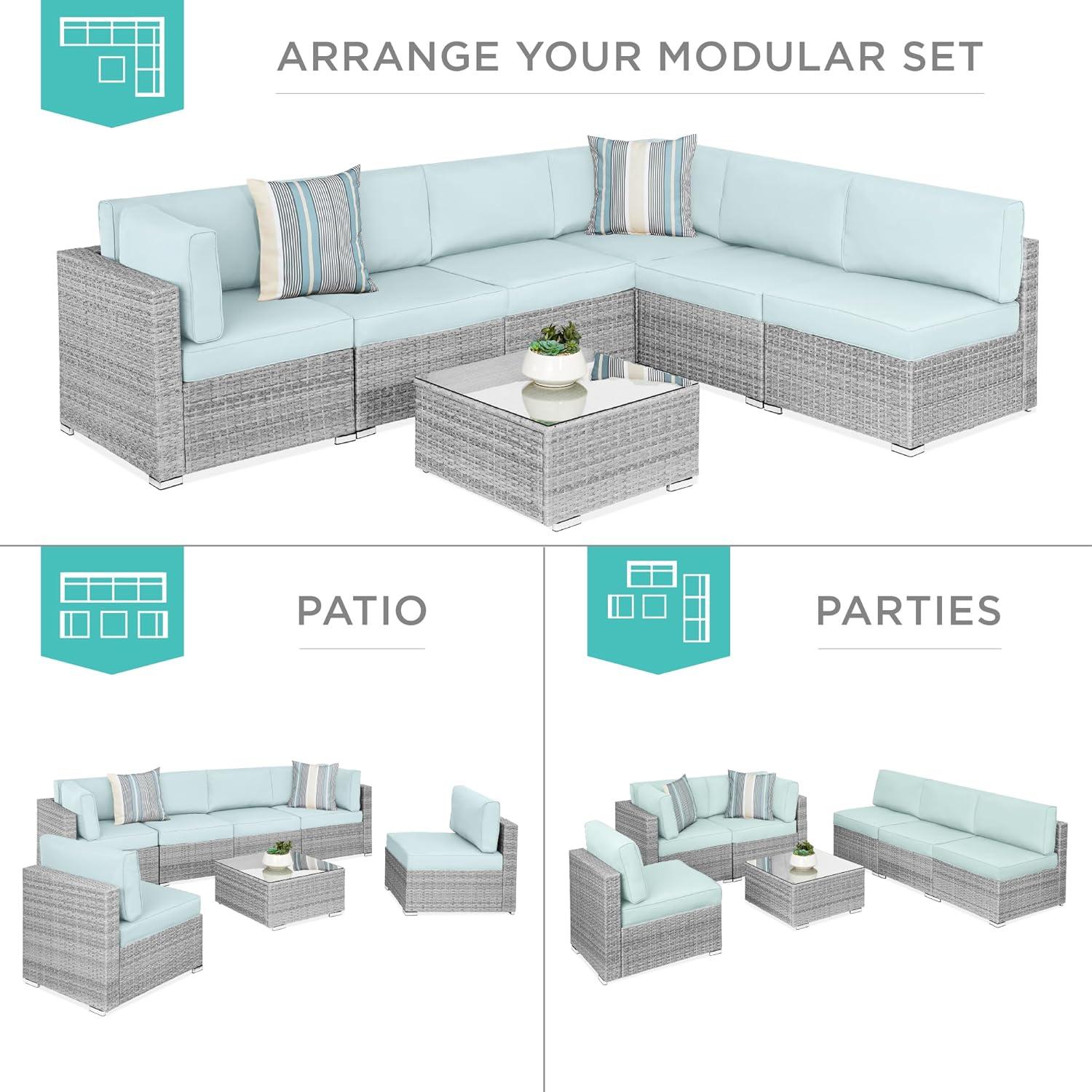 Gray and Pastel Blue 7-Piece Modular Wicker Outdoor Sectional Set