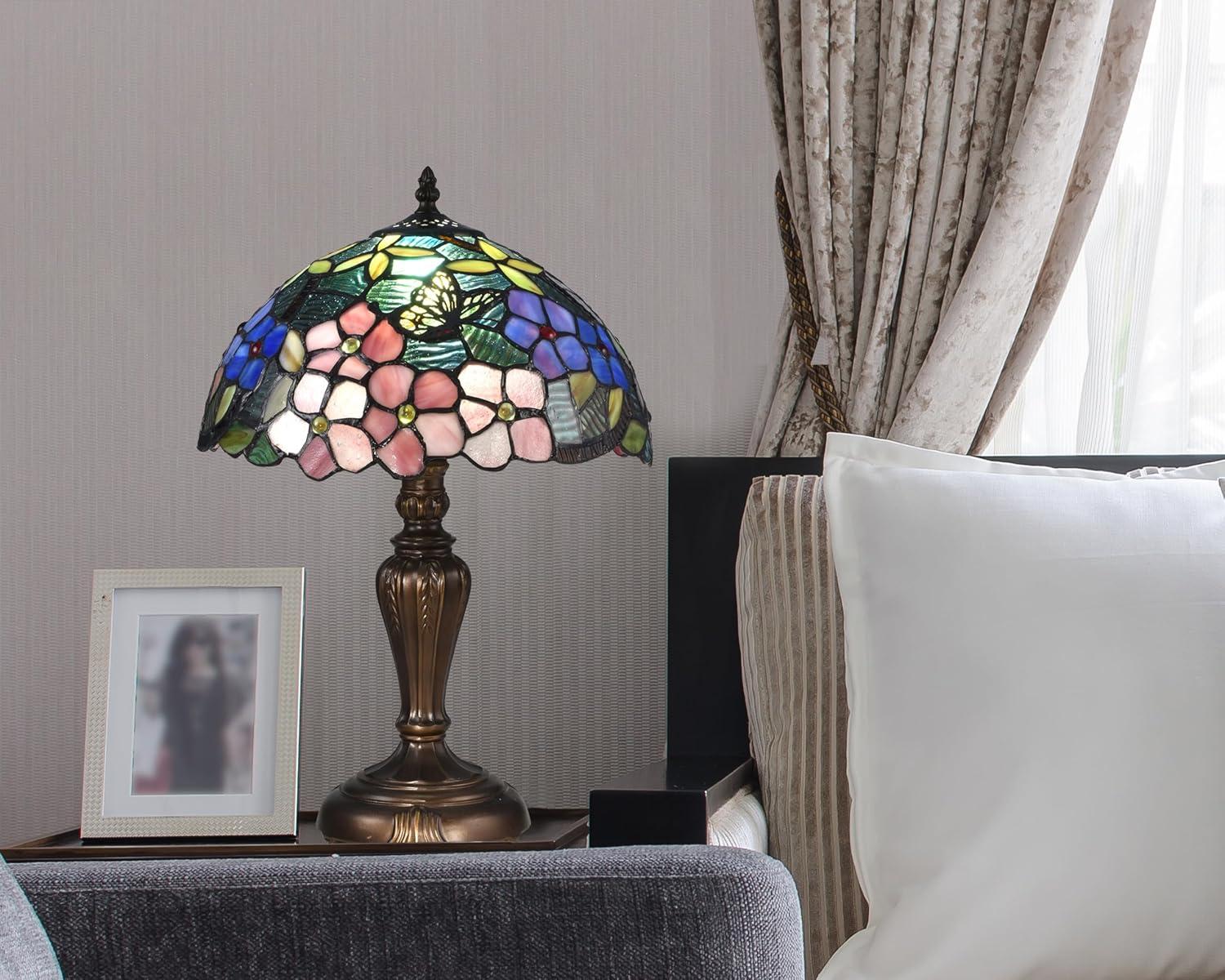 BY Family Handmade Fox Peony Tiffany Table Lamp With Antique Bronze Base And Floral Dome Shade