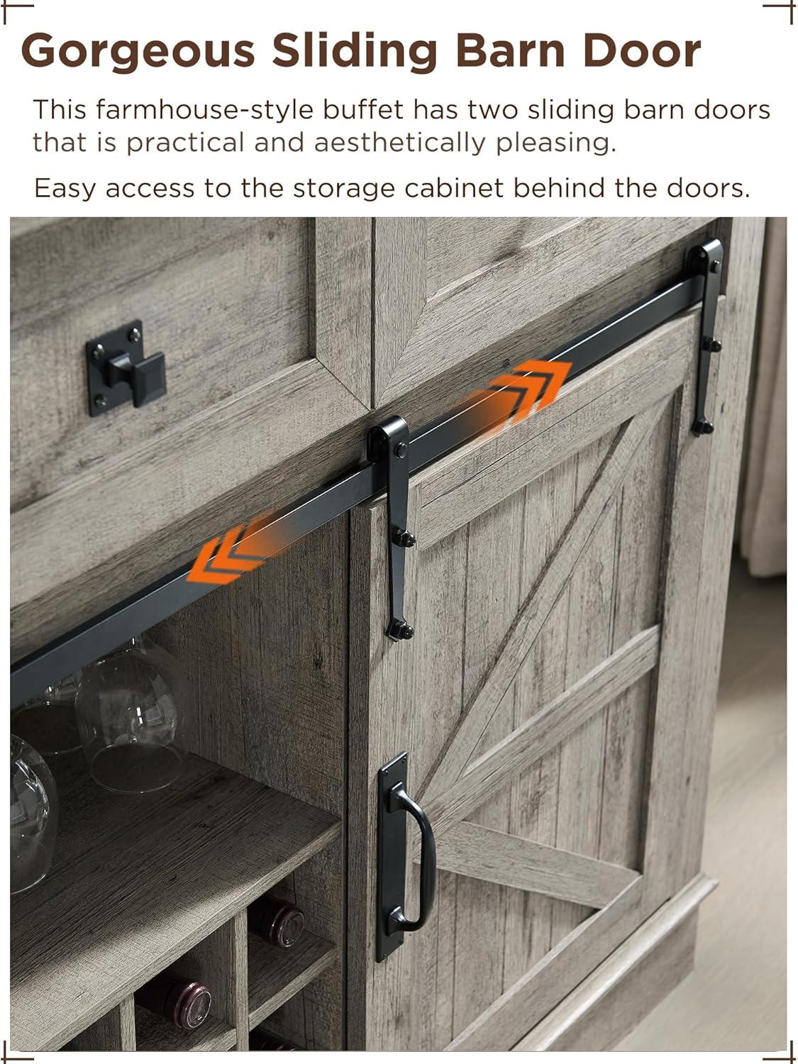 SinCiDo 54" Wine Bar Cabinet w/Sliding Barn Door, Kitchen Coffee Bar Cabinet w/Wine & Glass Rack, 3 Drawers, Large Buffet Sideboard, Light Rustic Oak