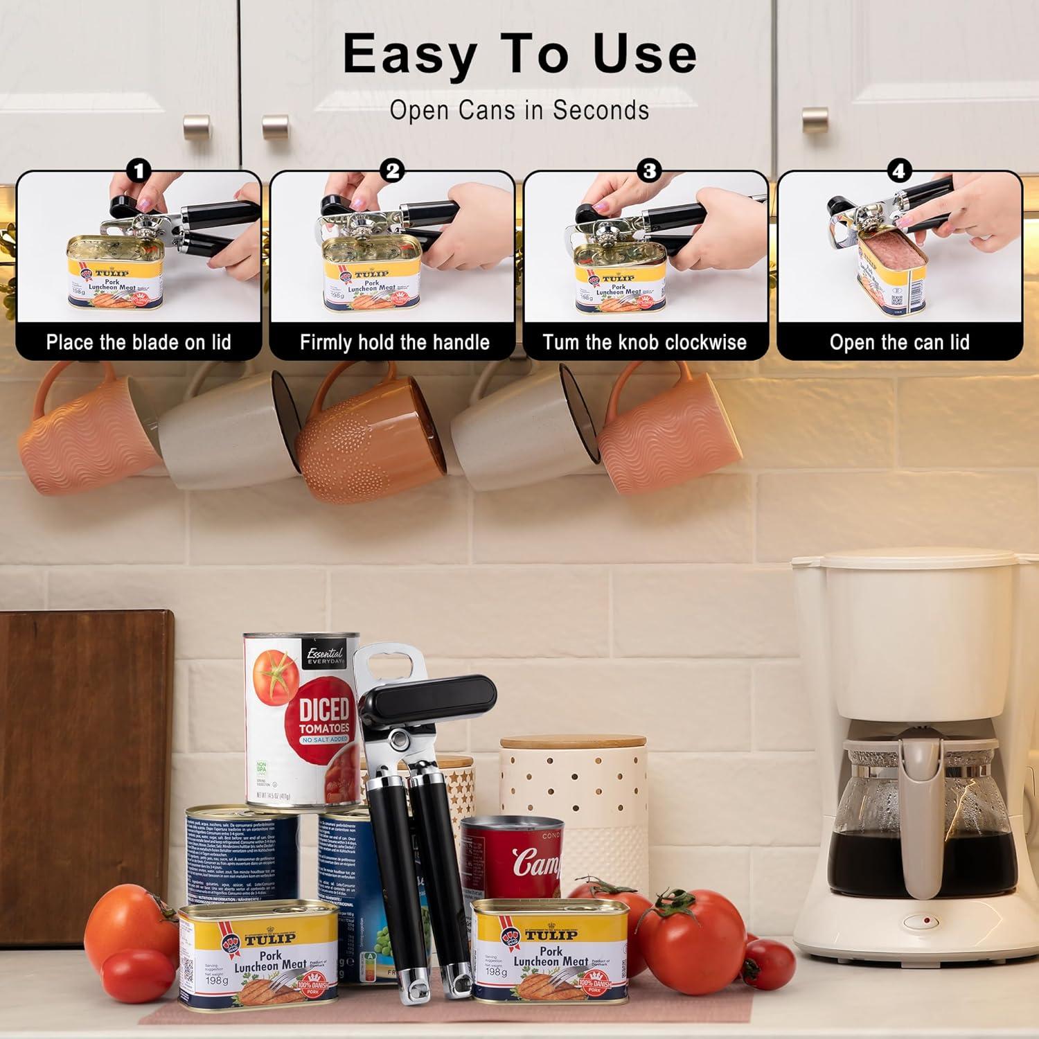 Urbanstrive XL Large Heavy Duty Can Opener Manual Smooth Edge, Hand Held Can Openers for Seniors, Stainless Steel, Comfortable Handle, Built-in Bottle Opener, 8.66 inch (Black)