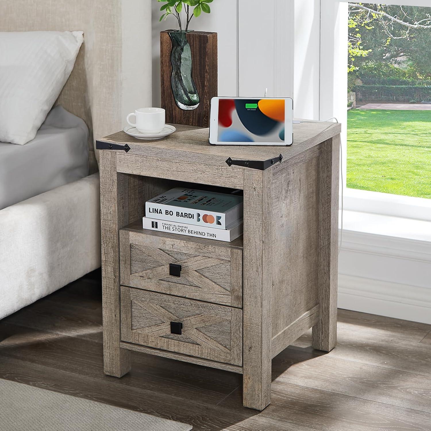 Farmhouse Nightstand wtih Charging Station, 18" End Table Side Table with 2 Drawers for Bedroom, Living Room, Gray