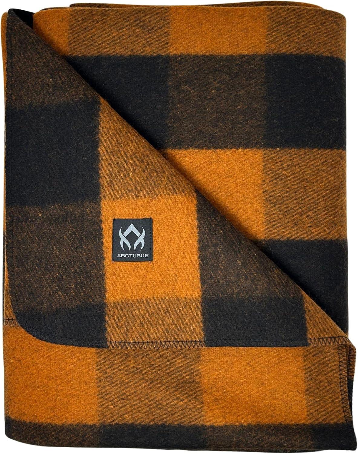 Large Orange Buffalo Plaid Wool Blanket, Machine Washable