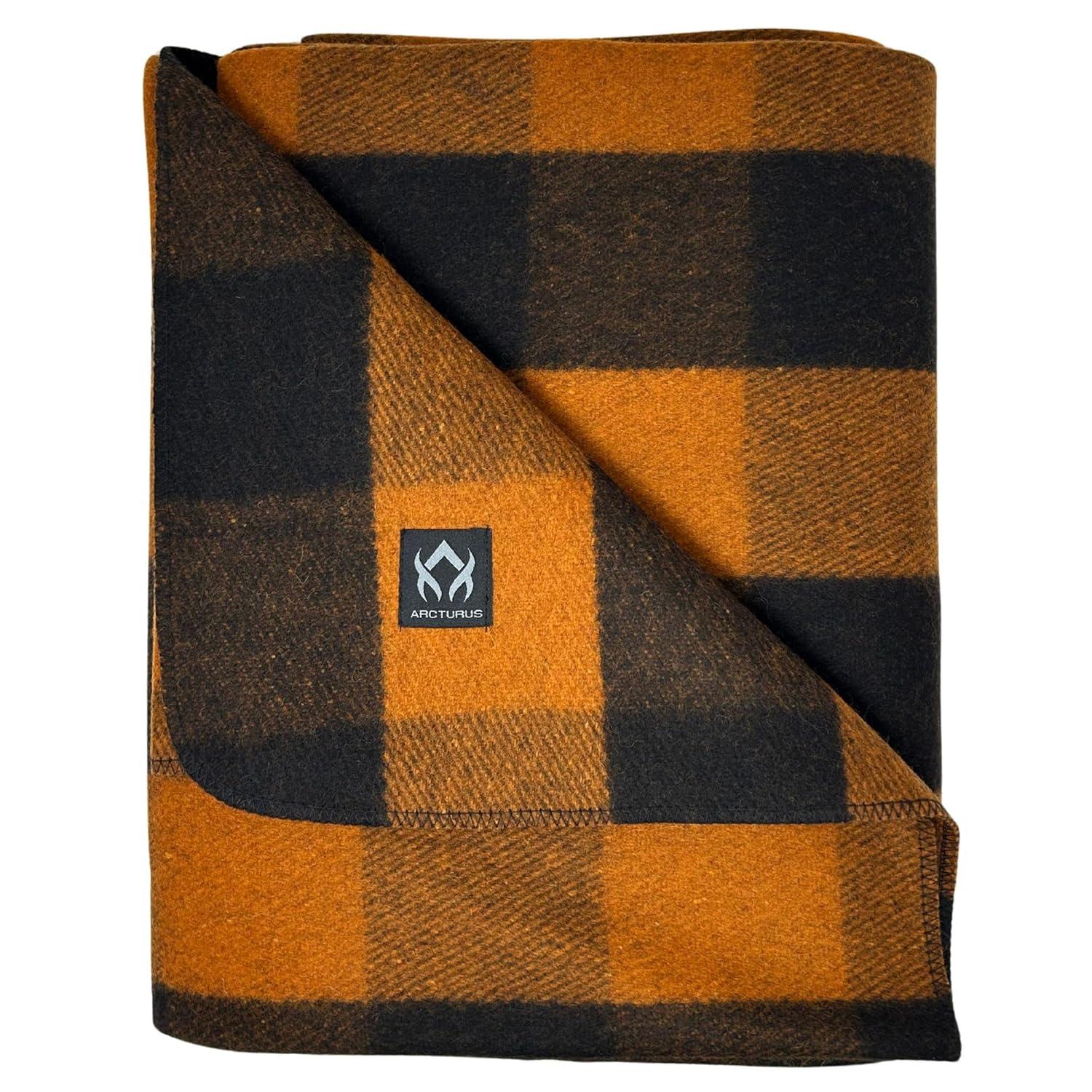 Large Orange Buffalo Plaid Wool Blanket, Machine Washable