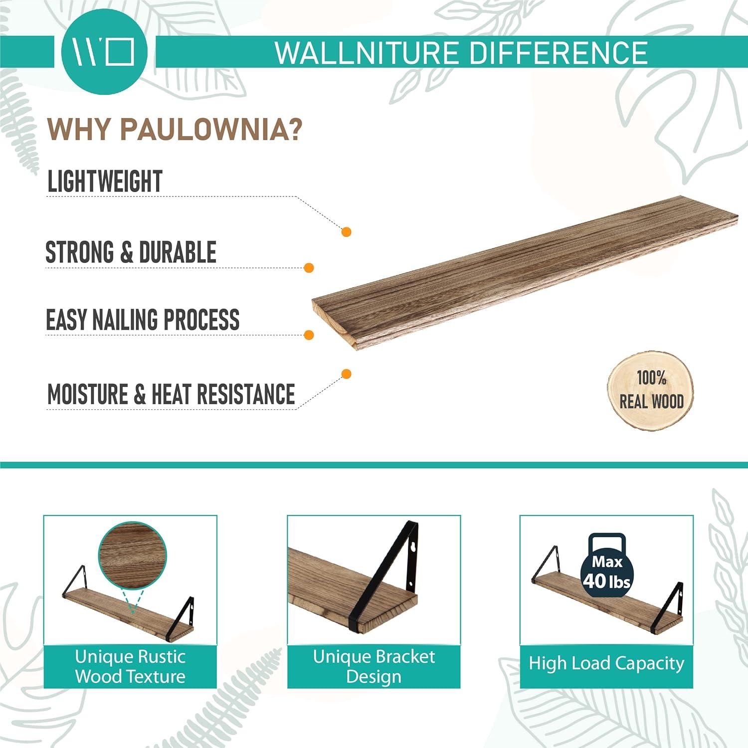 Wallniture Ponza Wood Floating Shelves for Wall, Rustic Wall Shelves for Living Room, 24" Bookshelf and DVD Storage Shelf Set of 4, Natural Burned