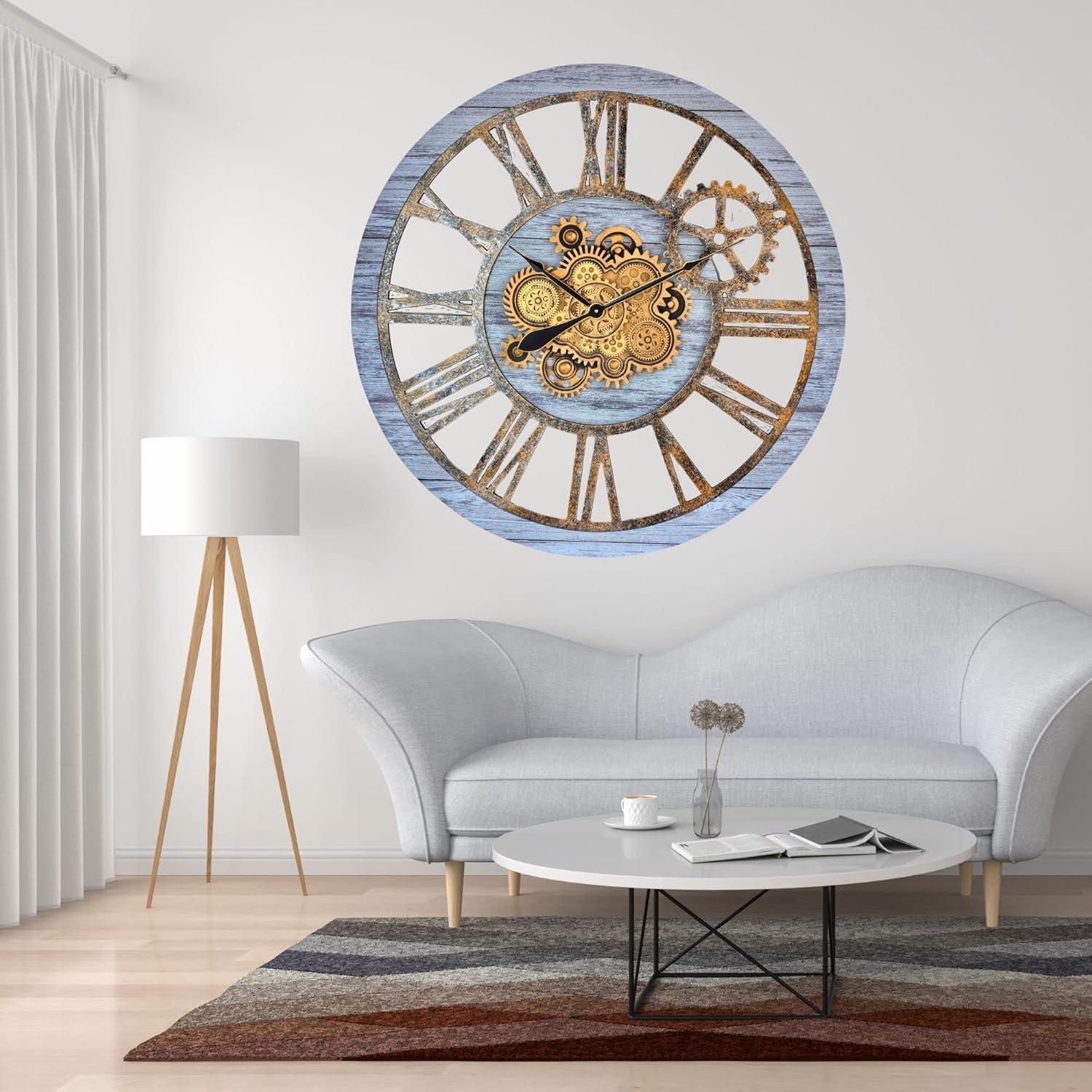 The Gears Clock Wall Clock 36" Round Oversized for Living Room decor with Real Moving Gears America Collection