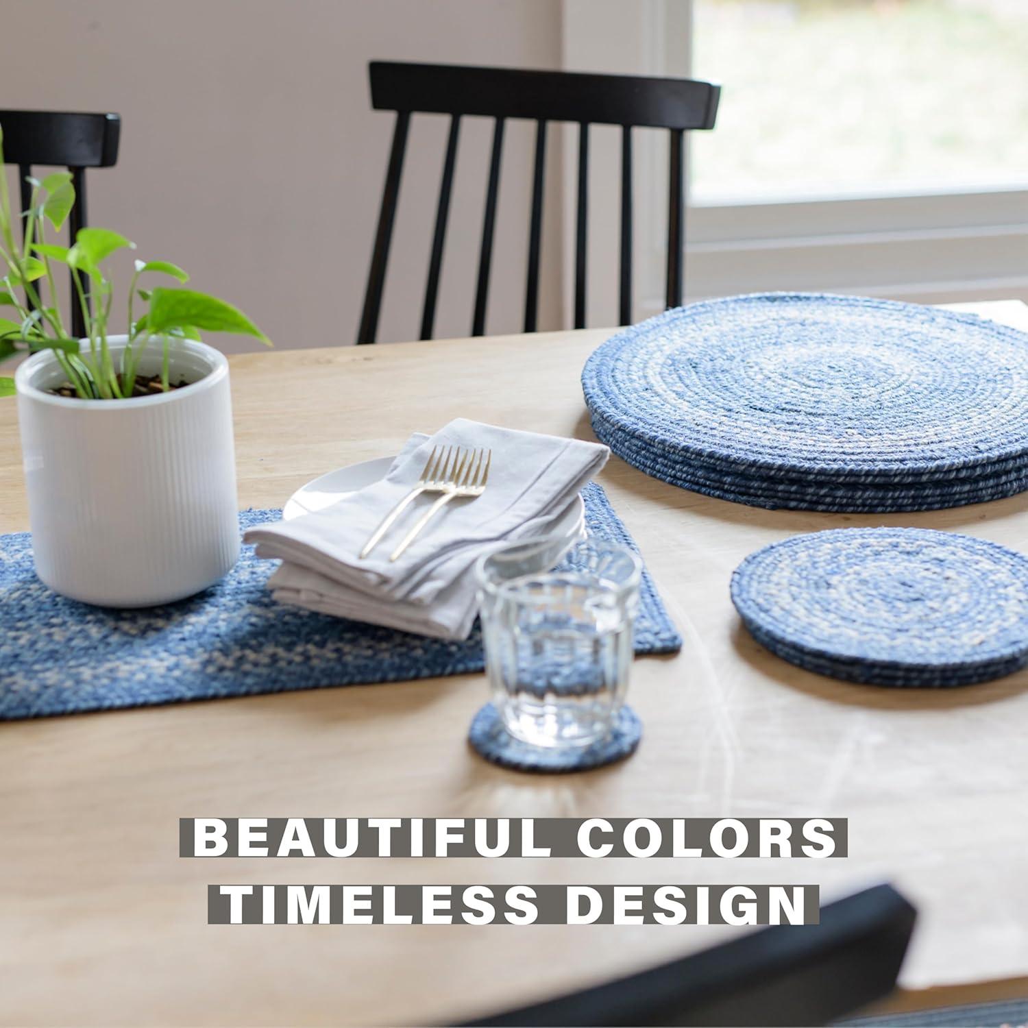 Homespice - Denim Blue Runner for Table 11x36 inches, a Long and Thick Table Runner to Use as a Coastal Style Dinner Table Runner - Handmade from Premium Jute - Reversible and Durable Braided Runner