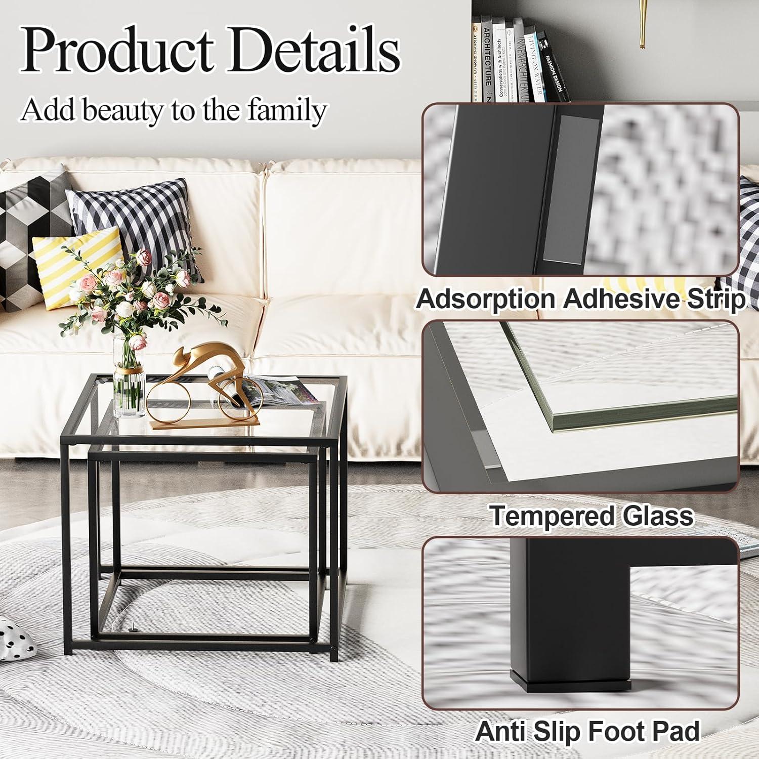VILAWLENCE Coffee Table Set of 2, Modern Black Patterned Glass Side Table, Metal Frame Square End Table, Center Tables Nesting Coffee Table for Living Room,Bedroom and Small Spaces