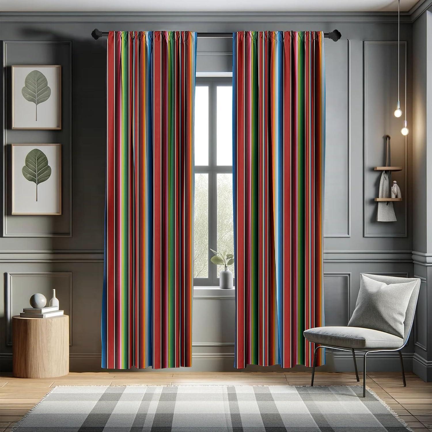 Cinco de Mayo Window Curtains, Mexican Serape Colorful Stripes Vertical Lines Latino Design Illustration, Lightweight Decor 2-Panel Set with Rod Pocket, Pair of - 28"x95", Multicolor, by Ambesonne