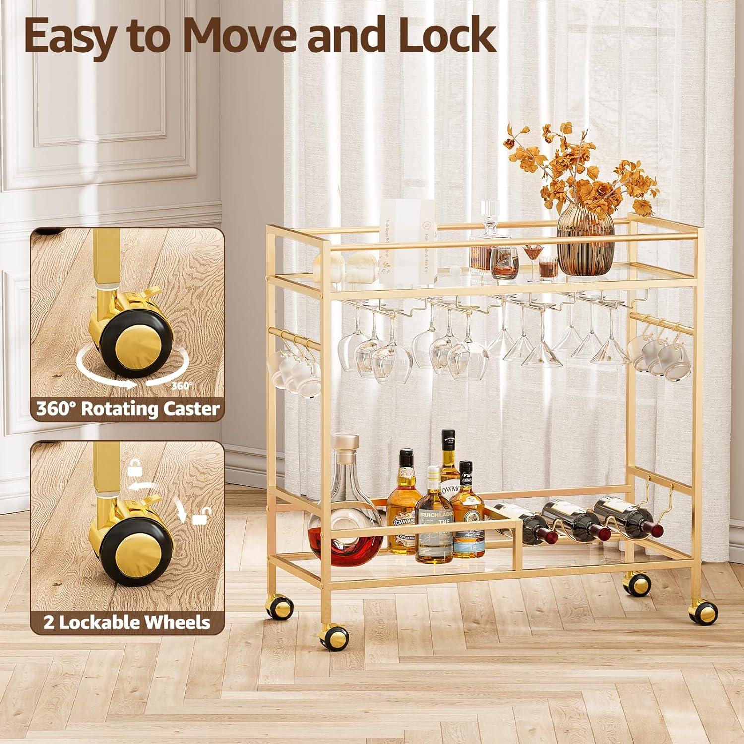 Gold Mirrored Glass Bar Cart with Wine Rack and Storage