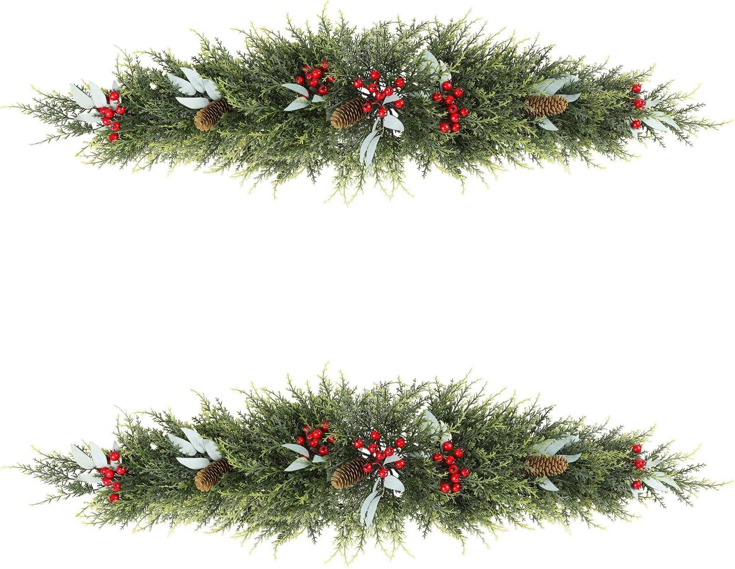 2PCS Christmas Swag For Front Door, 43" Artificial Decorative Swag Decoration With Pine Cone, Berries For Indoor & Outdoor Window Wall Fireplace Mantle Home Holiday Xmas Decor Swag