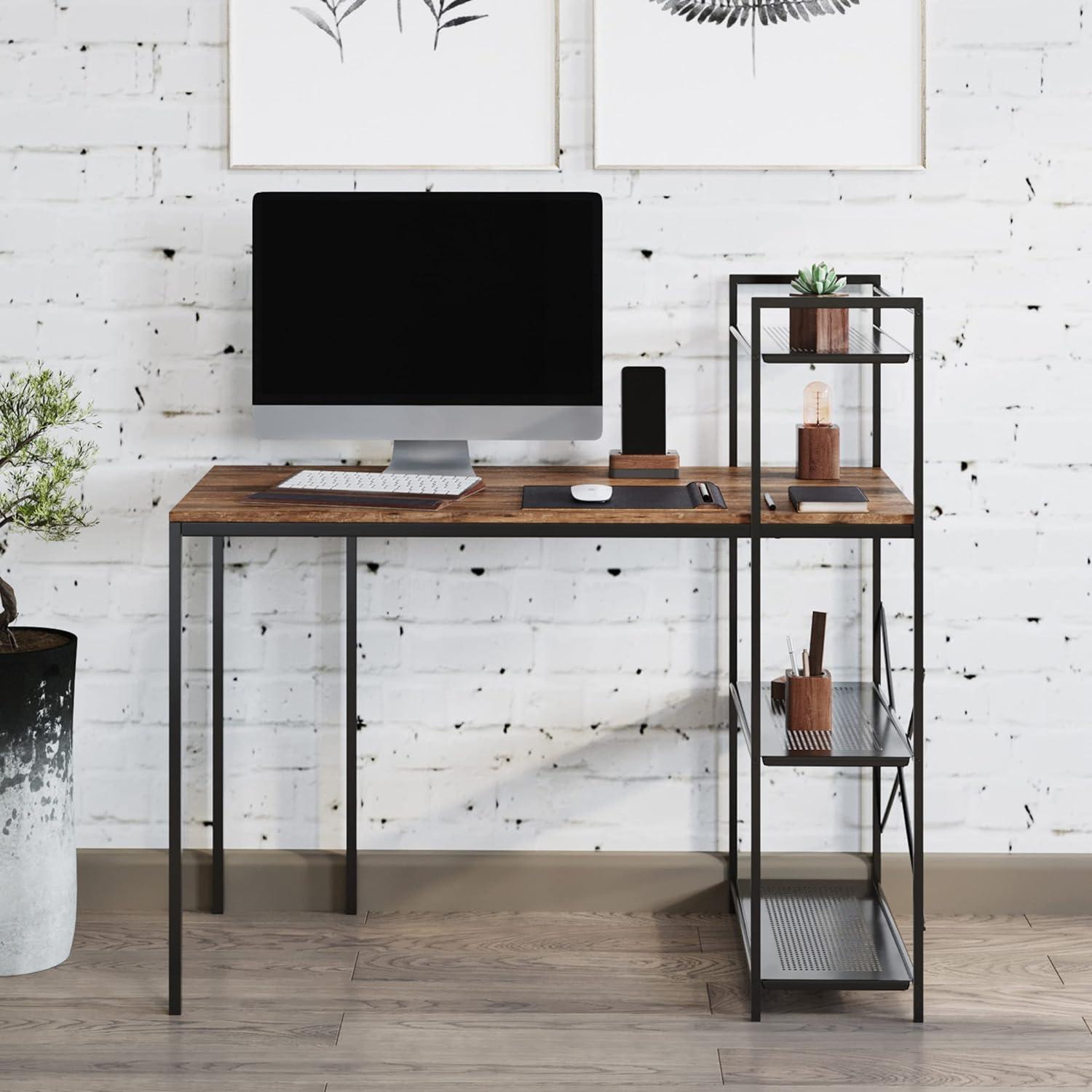 Compact Industrial-Style Black Metal and Wood Computer Desk with Storage