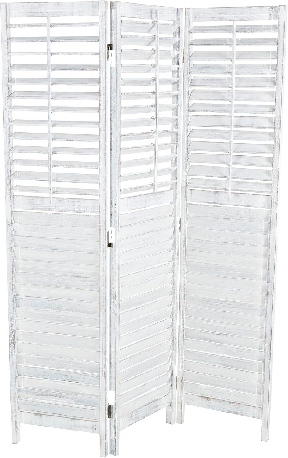 Deco 79 Wood Partition Room Divider Screen Washed Shutter Top 3 Panel Privacy Screen with Gray Distressing, Room Partition 47" x 1" x 67", White