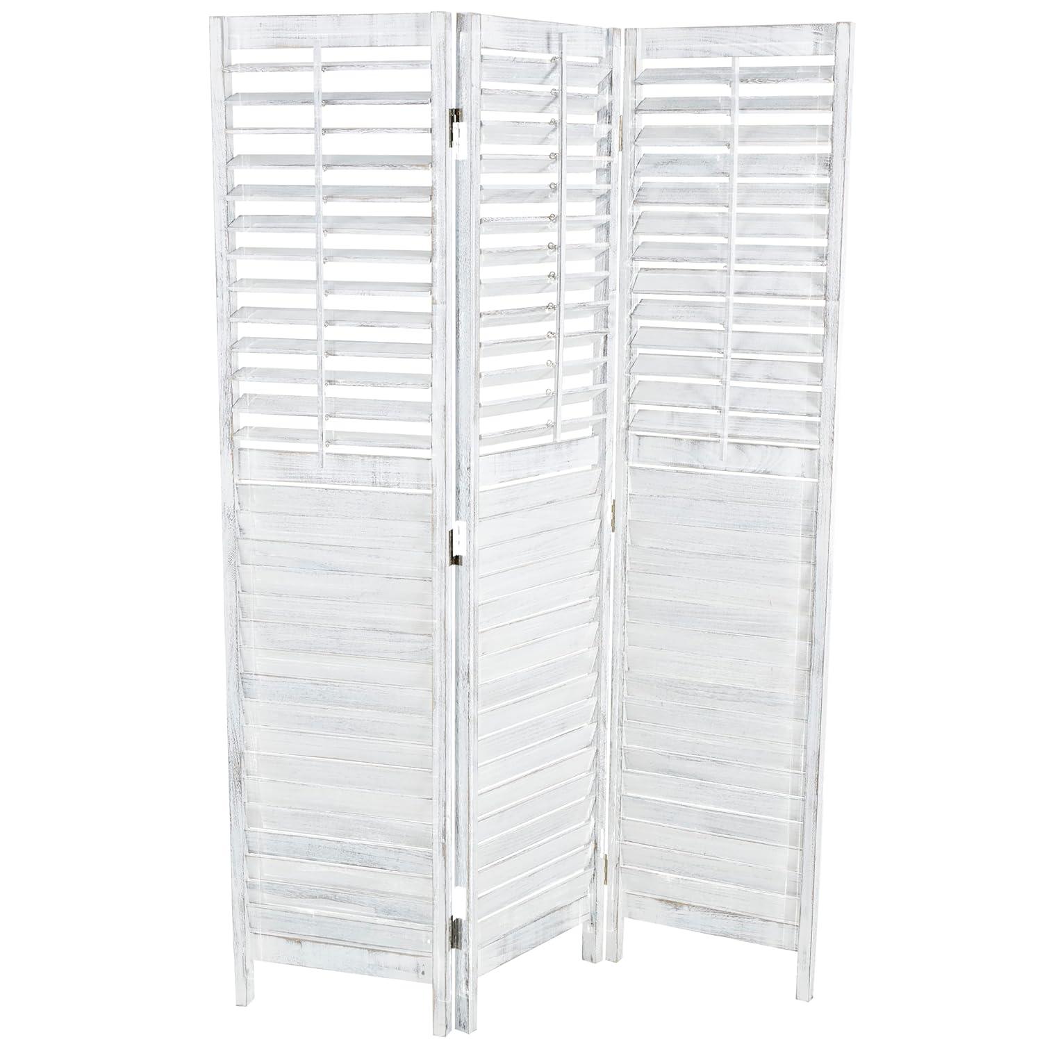 Deco 79 Wood Partition Room Divider Screen Washed Shutter Top 3 Panel Privacy Screen with Gray Distressing, Room Partition 47" x 1" x 67", White