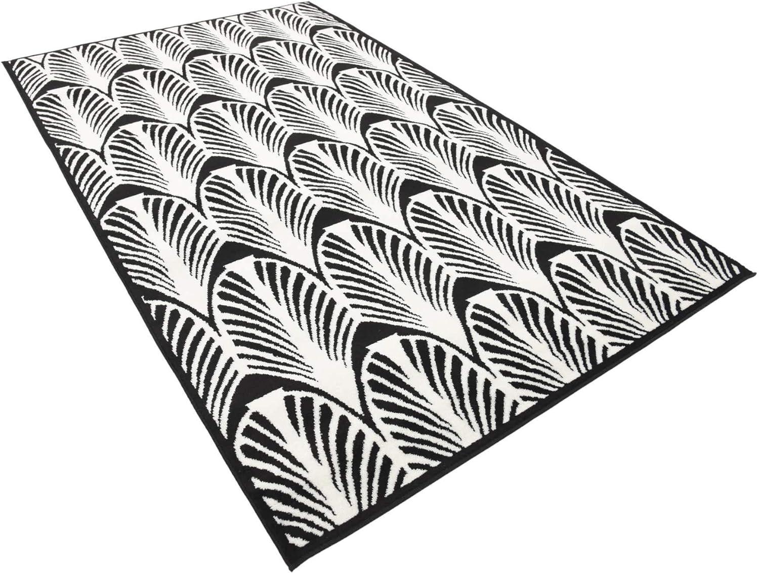 Black and Ivory Art Deco Floral Motif Area Rug, 5 x 8 ft