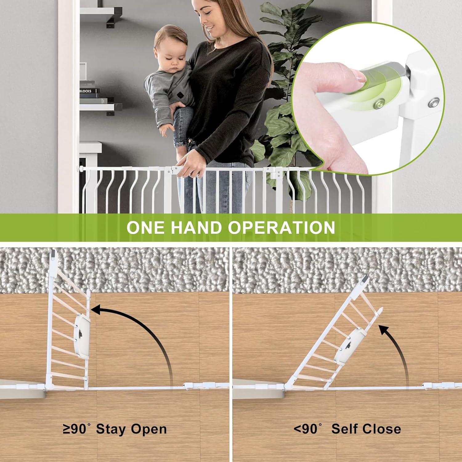 Baby Gates with Cat Door - Auto Close 29.5"-48.4" Safety Metal Dog Pet Gate for Doorway, Stairs, House, Walk Through Child Gate with Pet Door, includes 4 Wall Cups and 2 Extension Pieces