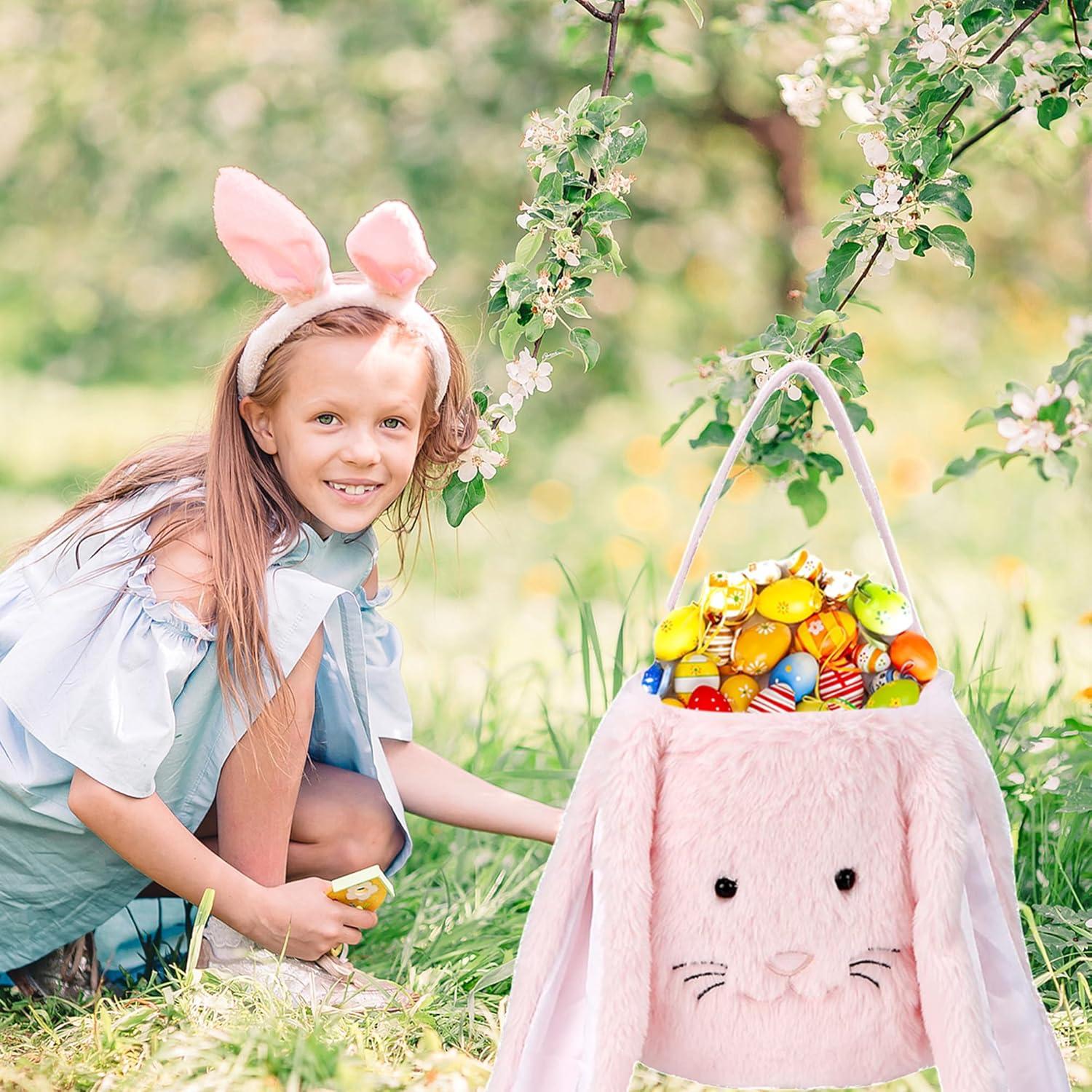 Easter Bunny Tote Bag, Cute Fuzzy Rabbit Ears Soft Plush Candy Handle Bag Eggs Basket Gift Bag for Kids Holiday Decorations