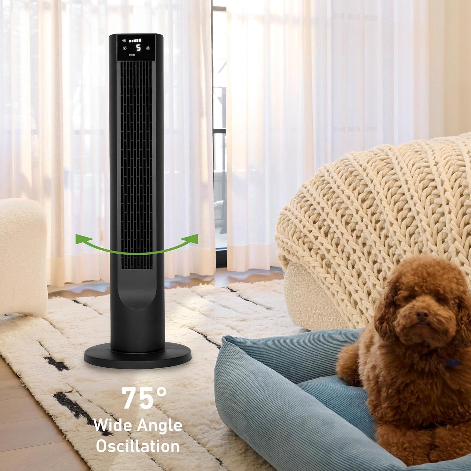 Holmes CleanBreeze 36” High 6-Speed Removable Grill Oscillating Digital Tower Fan with Remote, Black