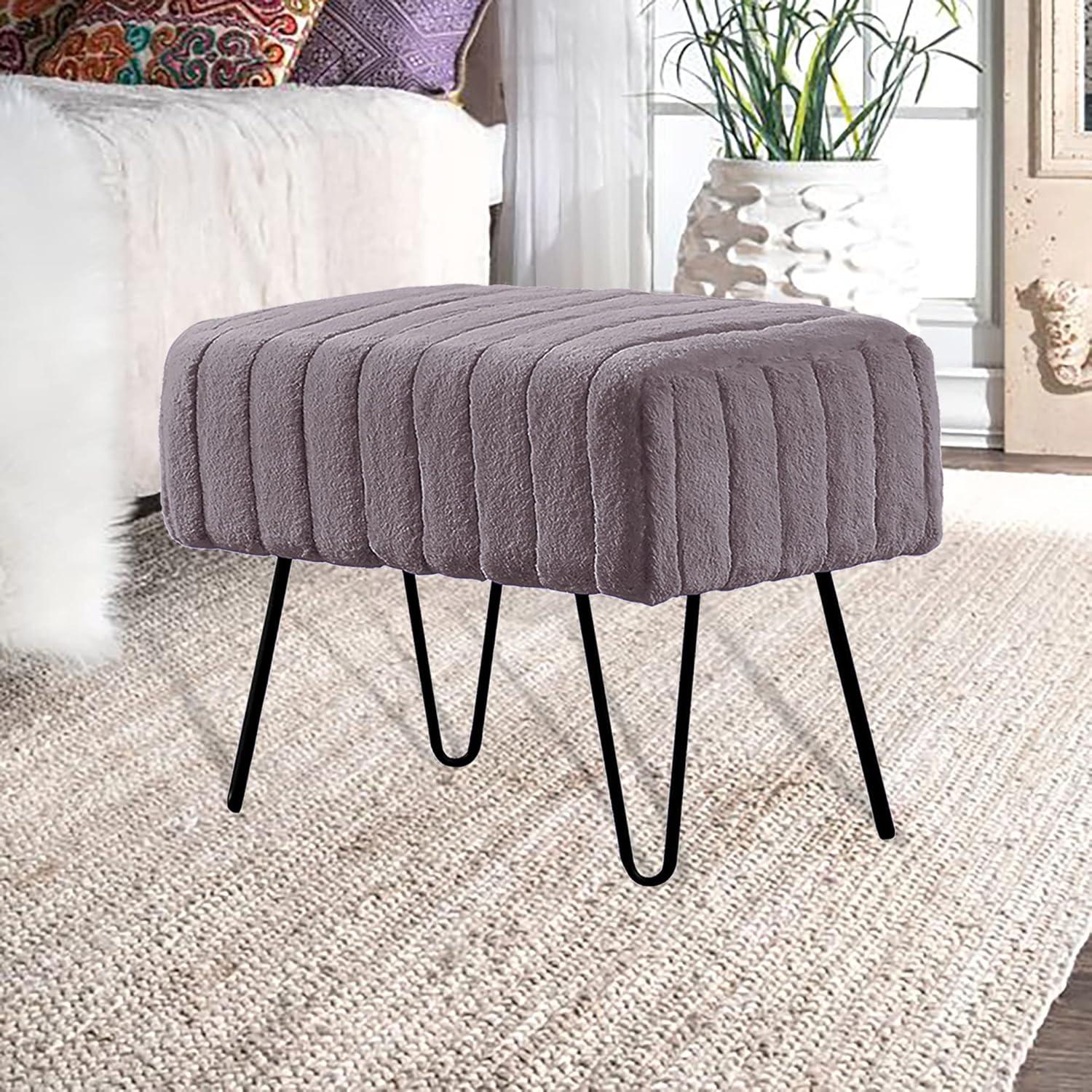 Home Soft Things Super Soft Faux-Fur Upholstered Stool Ottoman, Charcoal, 19"x13"x17"