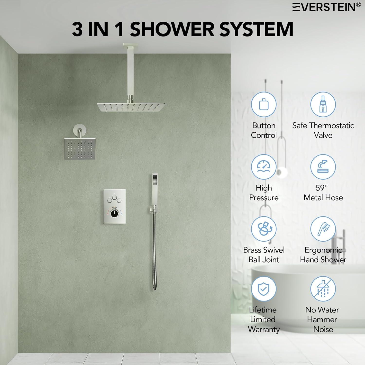 EVERSTEIN Thermostatic Rainfall Shower Faucet, 12-Inch High-Pressure Dual Showerheads System with Rough-In Valve SFS1007-NK12