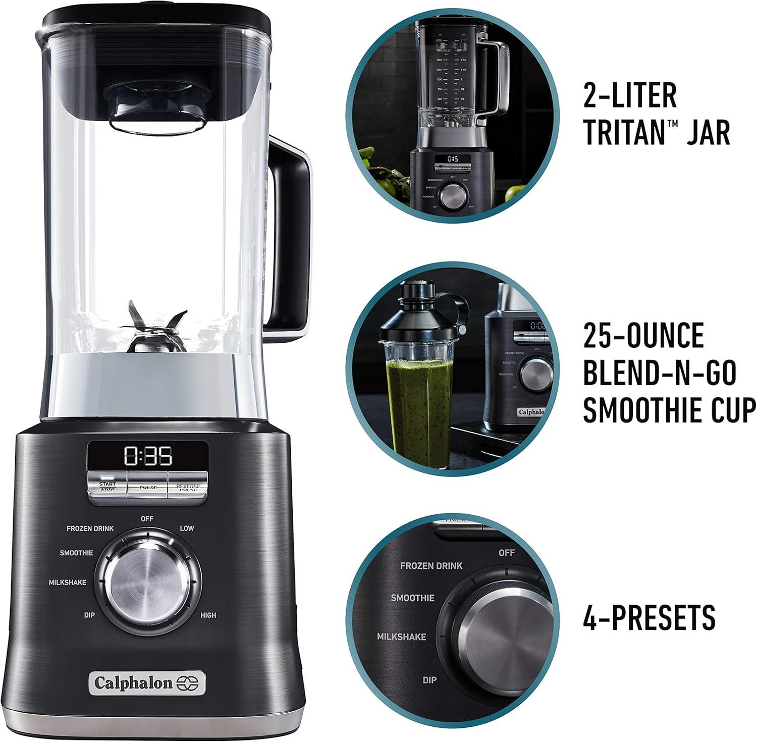 Calphalon Auto-Speed 2-Liter Blender with Blend-N-Go Smoothie Cup, Dark Stainless Steel